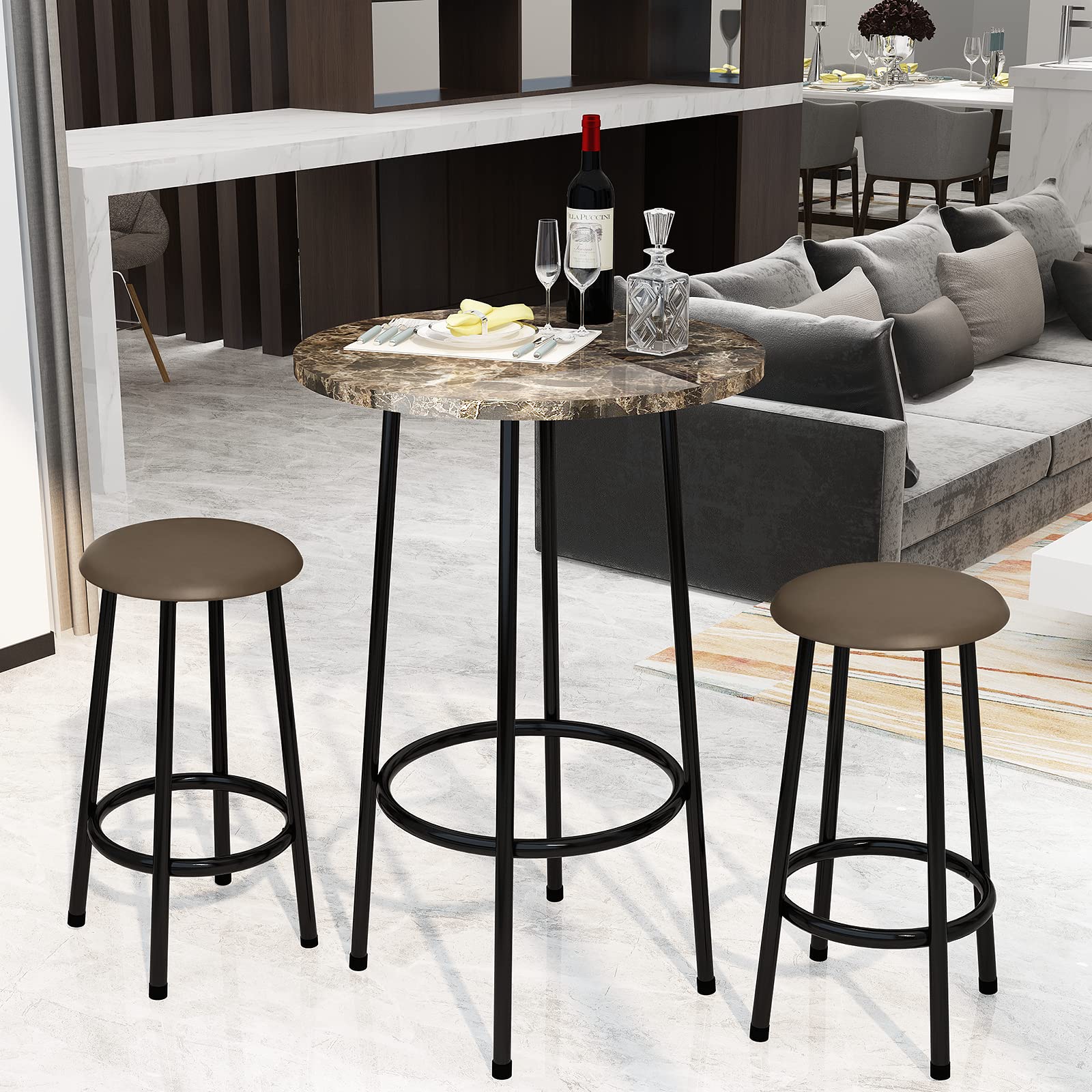 AWQM 3-Piece Modern Round Bar Table Set with 2 Bar Stools - Faux Marble Counter Height Dining Set for Kitchen, Bistro, Apartment, Restaurant & Living Room - Brown & Black - Perfect for Small Spaces, Breakfast Nooks & Entertaining Guests