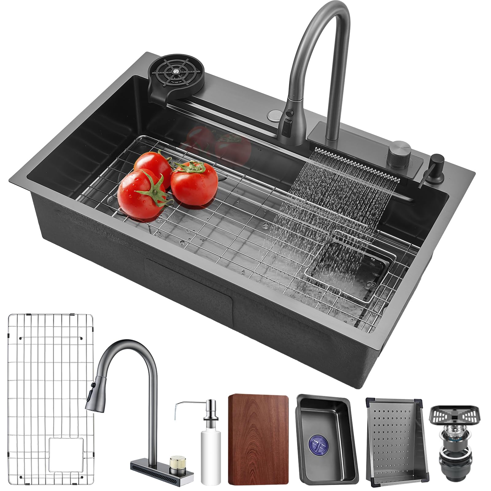 26x20 Inch Black Undermount Stainless Steel Single Bowl Kitchen Sink with Pull-Out Faucet & Accessories - Perfect for Modern Farmhouse & Small Space Kitchens