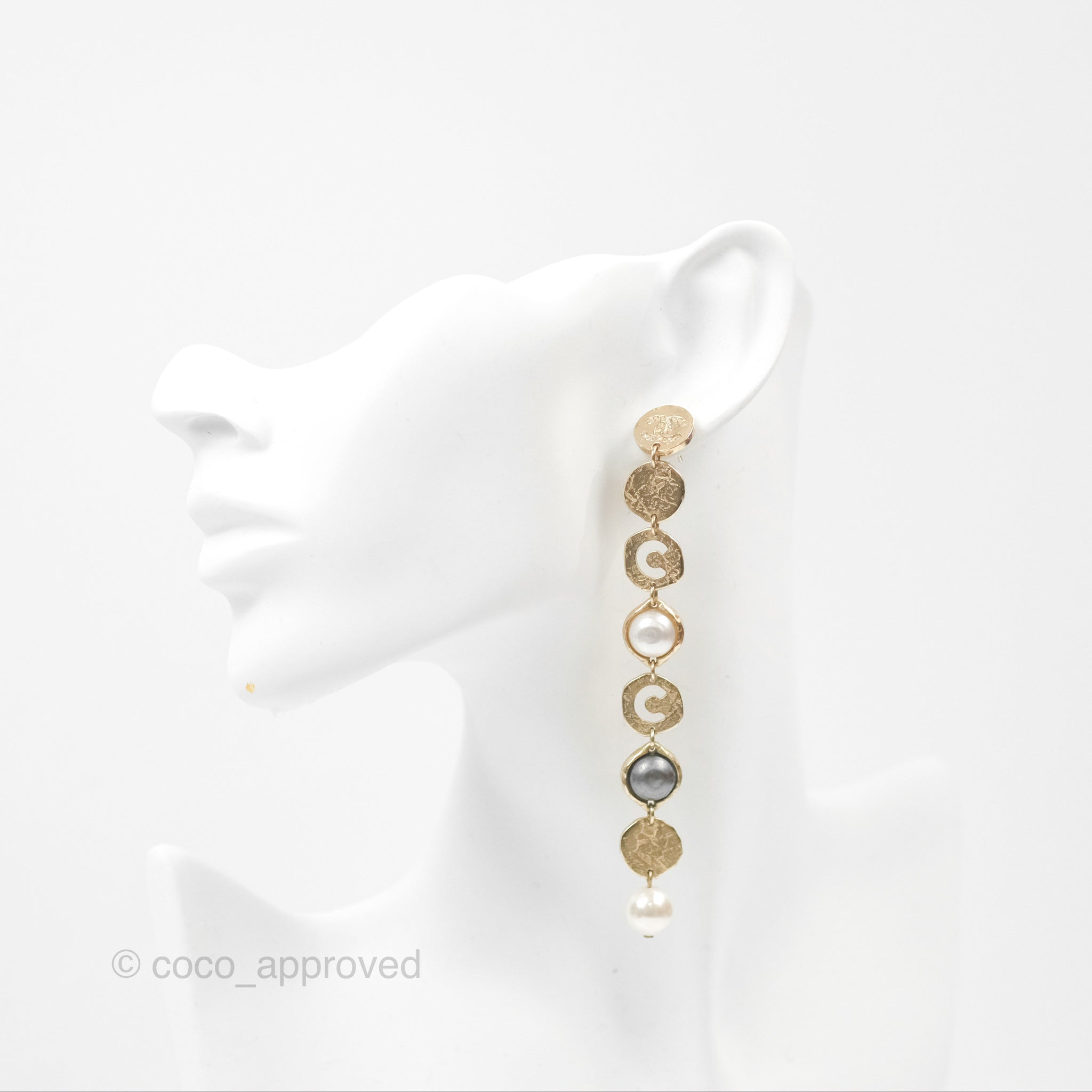 Chanel CC Coco Pearl Round Chain Long Drop Earrings in Gold Tone - 19A Collection | Elegant Jewelry for Parties, Weddings & Special Occasions