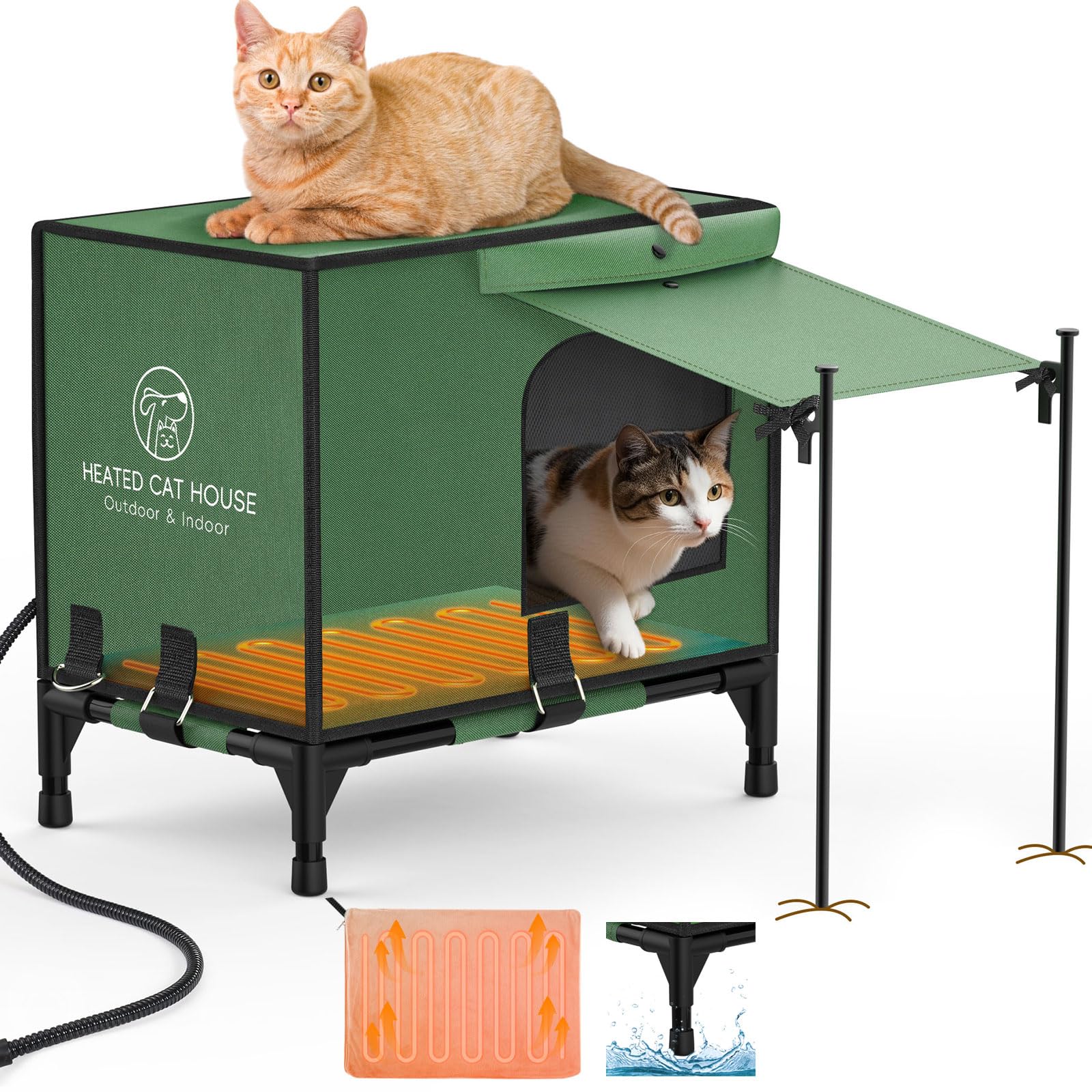 Pawaboo Heated Cat House for Outdoor Winter Use - 100% Waterproof, Insulated Shelter with Heater for Feral & Barn Cats - Weatherproof Design with Elevated Base & Awning - Perfect for Cold Weather Protection in Backyards, Garages & Outdoor Spaces