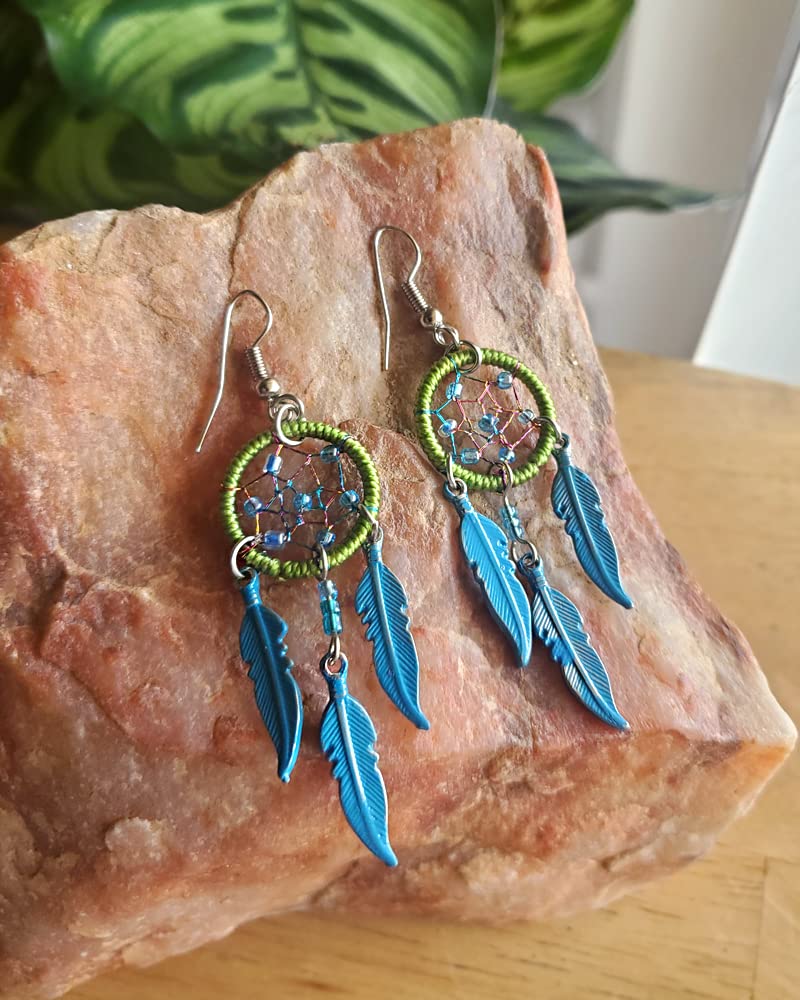 Handmade Boho Dream Catcher Metal Feather Earrings with Triple Colored Charms - Long Dangle Drop Earrings for Women | Perfect for Festivals, Parties & Boho Fashion Accessories