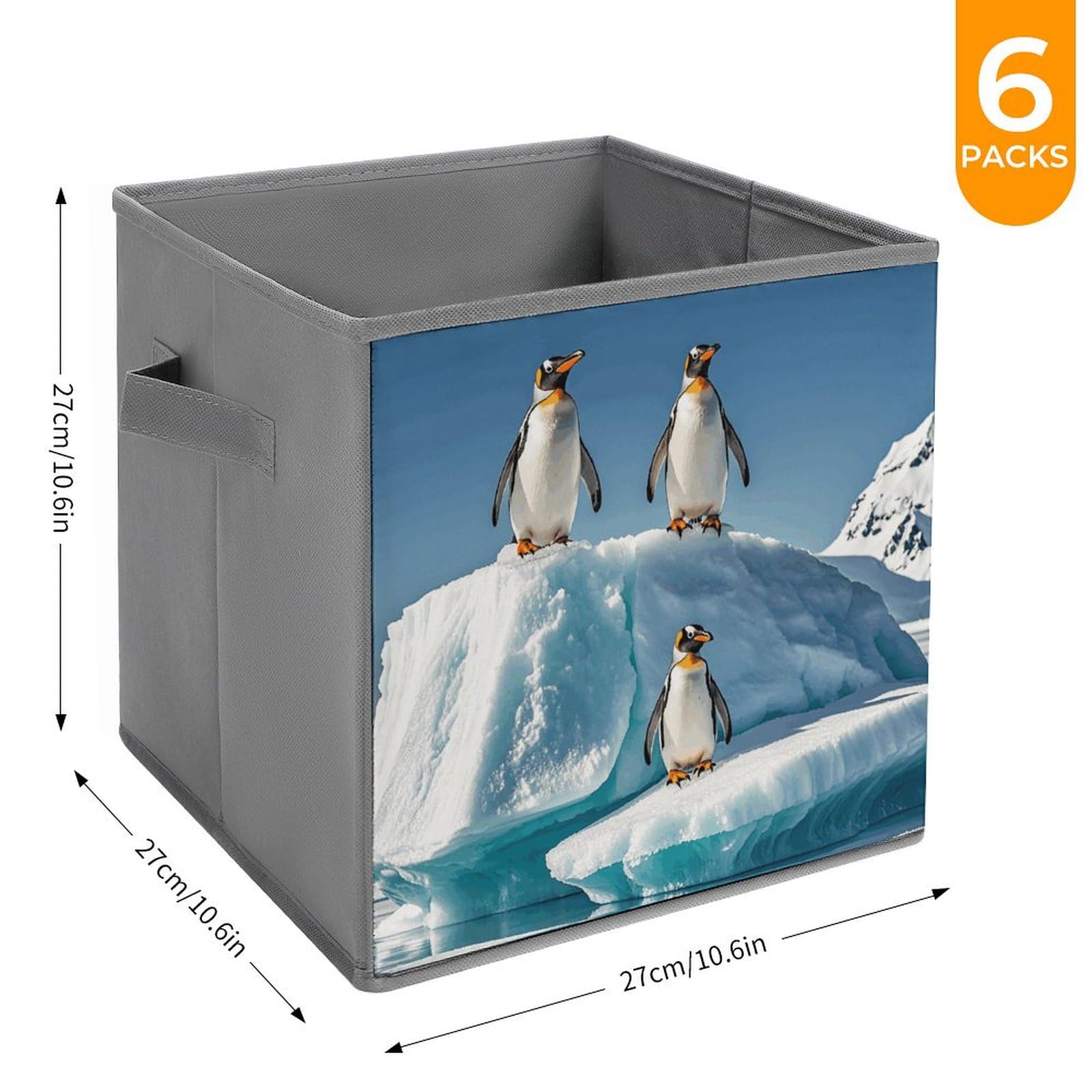 6PCS Collapsible Storage Bins with Handles - Penguin on Iceberg Printed Foldable Organizing Boxes for Home, Kitchen, Bathroom & Office - Space Saving Storage Containers for Shelves, Closet & Pantry Organization