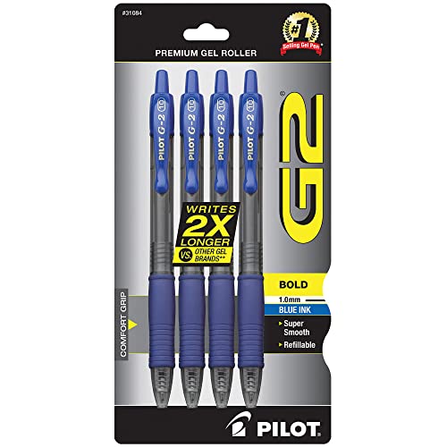 Pilot G2 Premium Gel Roller Pens - 1mm Bold Point (Pack of 4) Blue Ink - Smooth Writing for Office, School & Note Taking