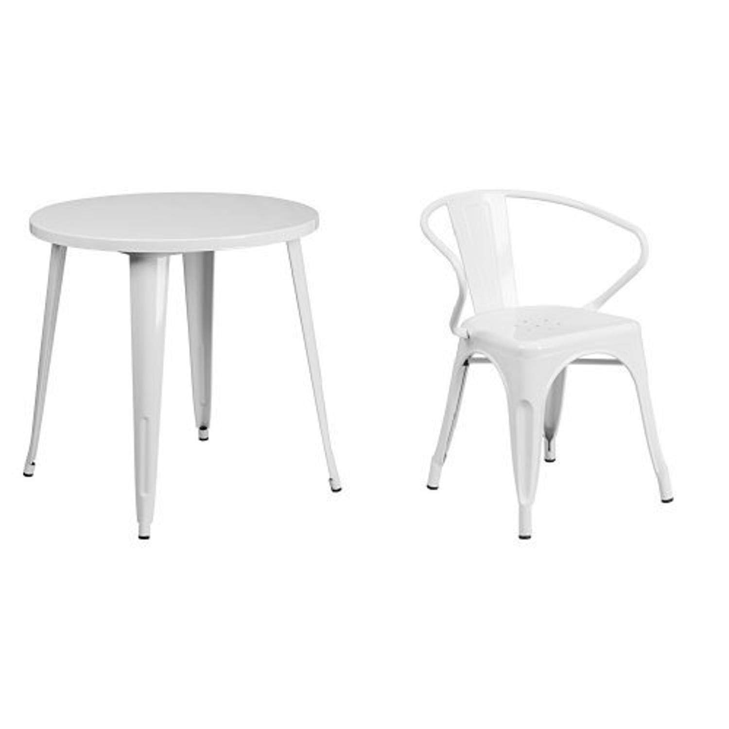 Flash Furniture 30'' Round White Metal Indoor-Outdoor Dining Table Set with 2 Arm Chairs - Perfect for Patio, Garden, or Small Space Dining