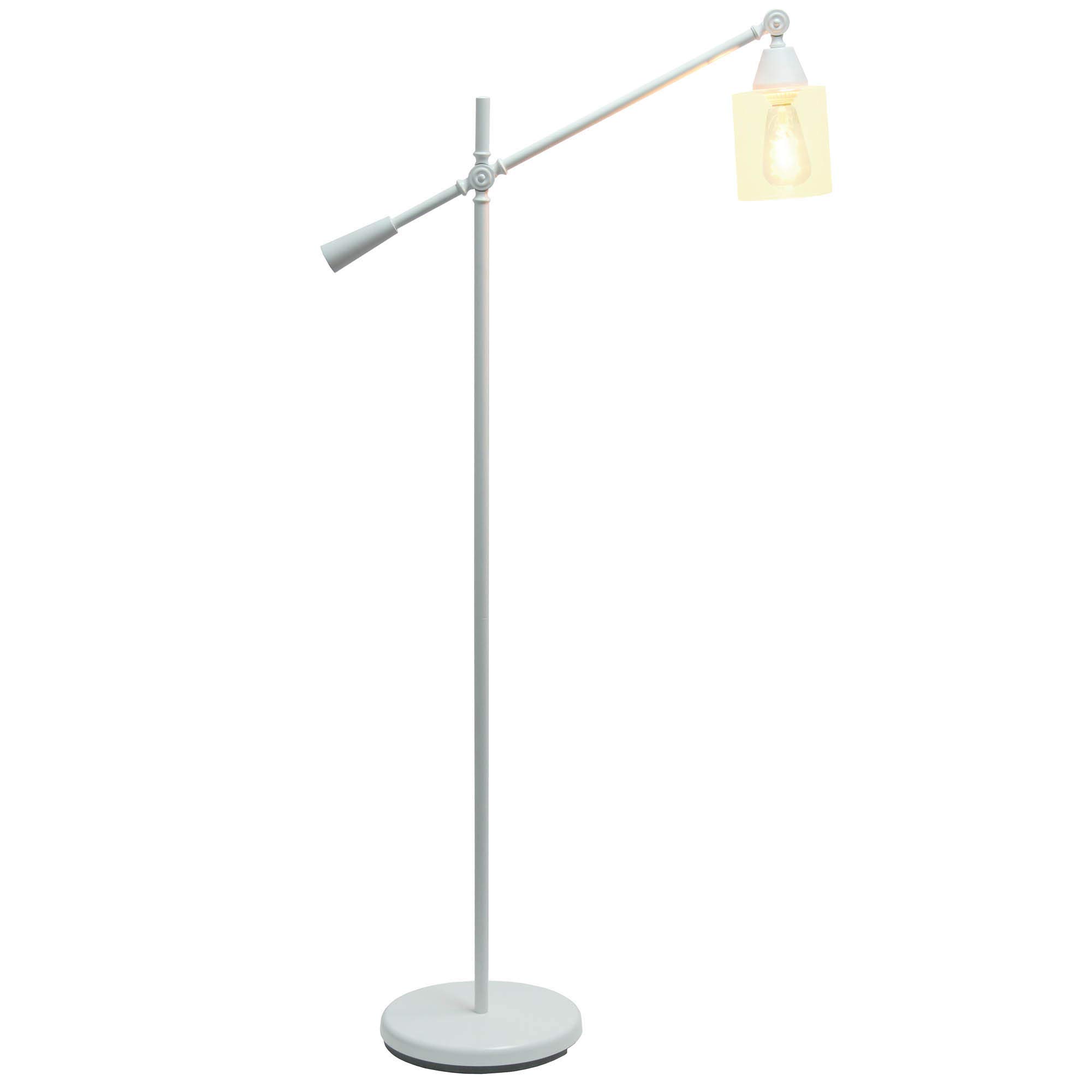 Modern Swing Arm Floor Lamp with Clear Glass Cylindrical Shade - Adjustable Reading Light for Living Room, Bedroom & Office - White Contemporary Lighting Fixture