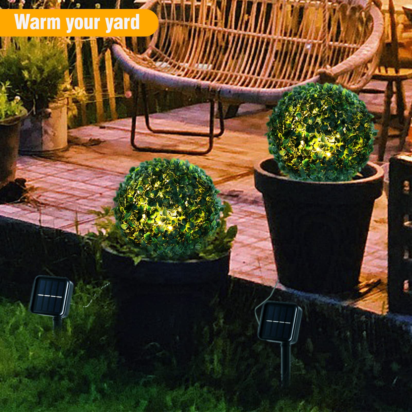 2 Pack Solar Powered LED Artificial Boxwood Topiary Balls with Lights - 16.4 Ft Light Strings & Solar Stake for Outdoor Garden, Lawn, Yard, Front Porch Decor - Perfect for Patio, Wedding, Party & Holiday Decorations