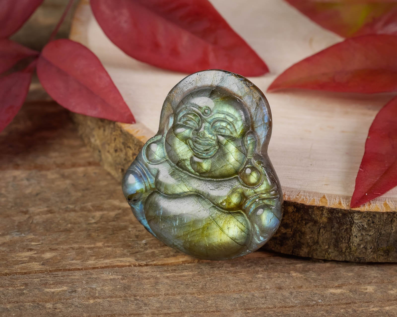 Natural Labradorite Crystal Cabochon Happy Buddha Carving - Handcrafted Gemstone for Jewelry Making, Home Decor, Meditation & Gifts (E1613) | Perfect for Spiritual Healing, Feng Shui & Unique DIY Projects