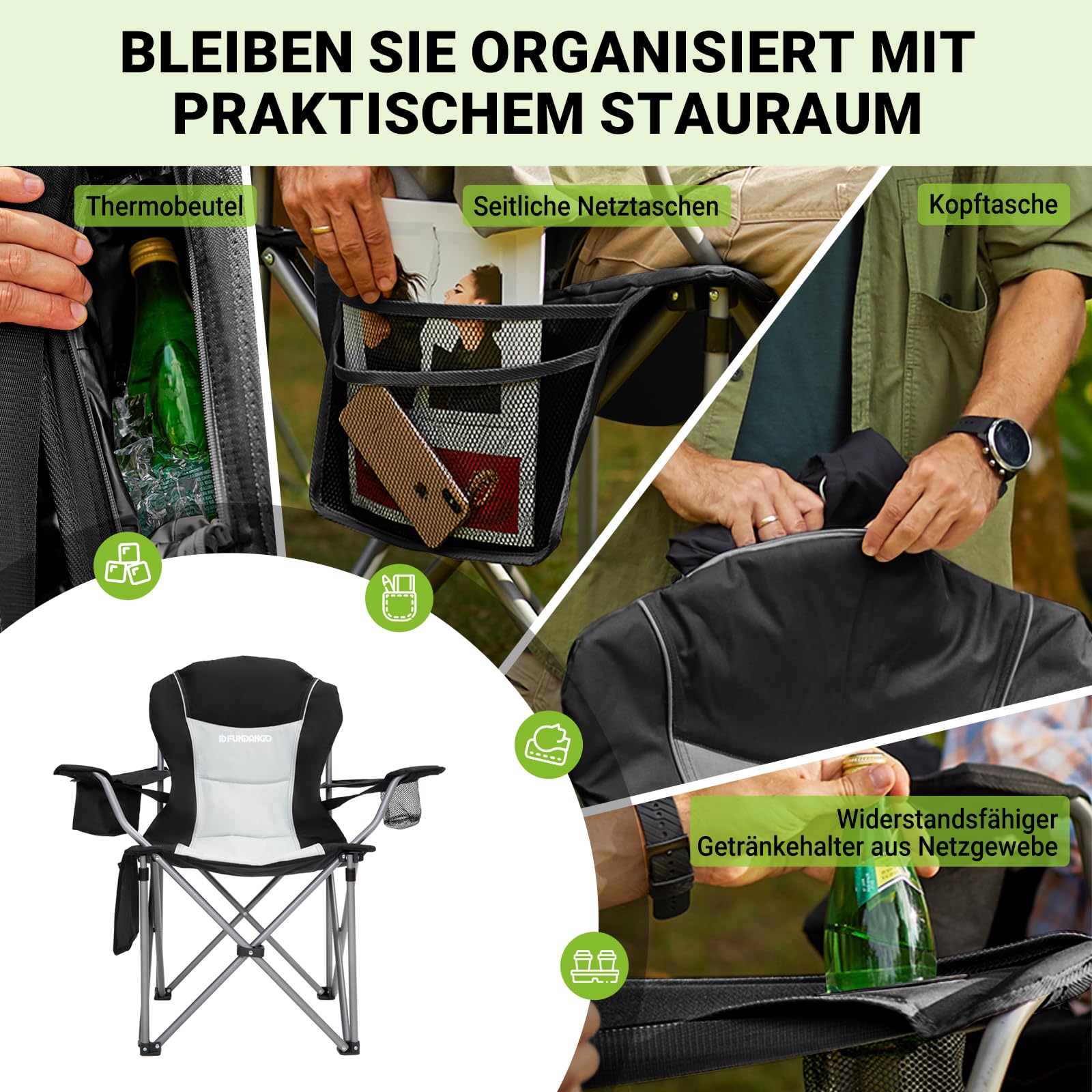 FUNDANGO Folding Camping Chair with Padded Seat, Cup Holder & Cooler Bag - Adjustable High Back Recliner for Outdoor, Fishing, Garden, Picnic & Beach Use