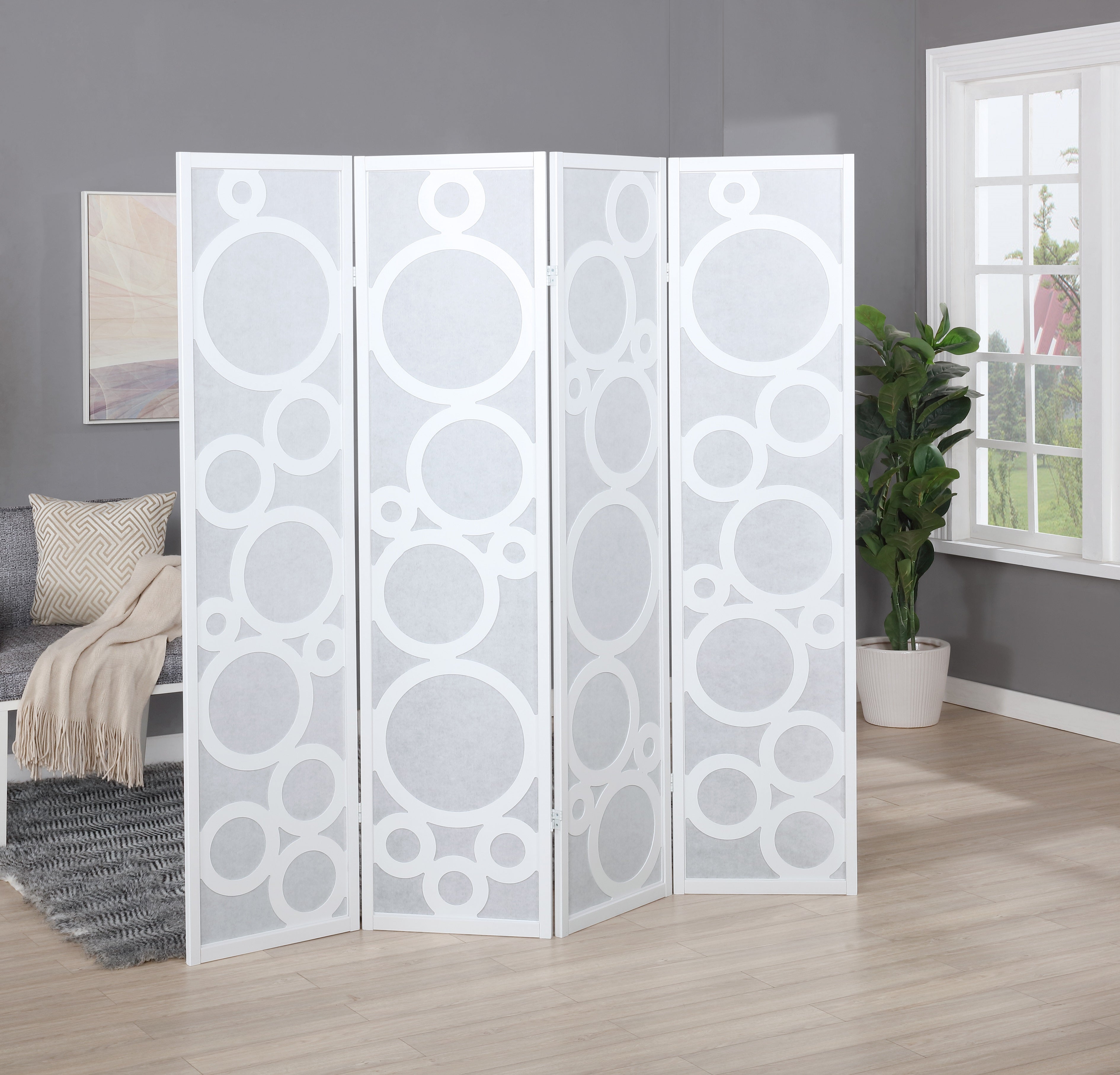 Roundhill Furniture Arvada 4-Panel Wood Room Divider with Circle Pattern - White Wooden Screen for Home, Office & Studio Privacy