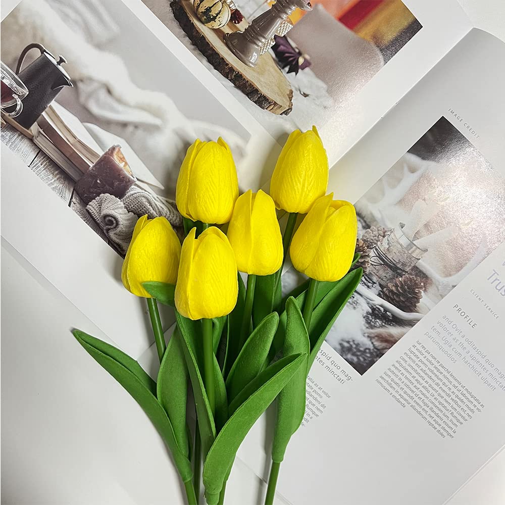 10 Pcs Realistic PU Touch Tulips Artificial Flowers - Yellow Fake Tulip Bouquets for Home, Office, Wedding Decor | Perfect for Centerpieces, Table Arrangements & Spring Party Decorations