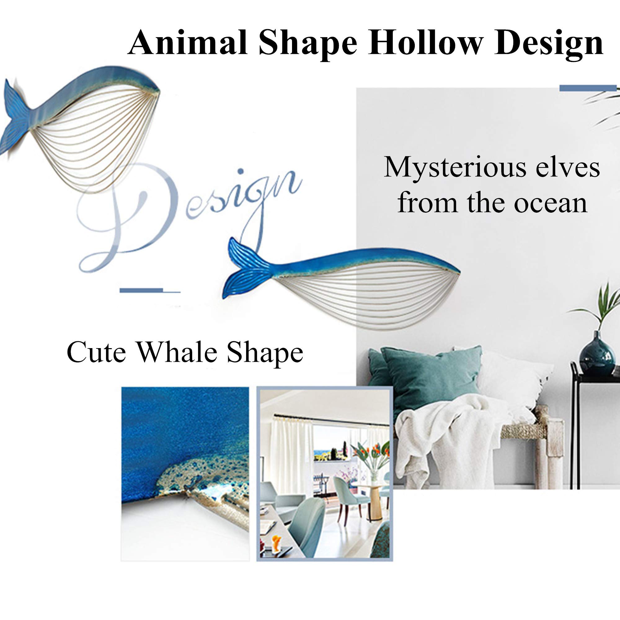 Set of 2 Blue Whale Metal Wall Art - Hollow Out Fish Sculpture Decor, Retro Wrought Iron Coastal Wall Hangings for Beach House, Nautical Boat or Ocean Theme Room Décor | Perfect for Living Room, Bedroom, Bathroom & Office