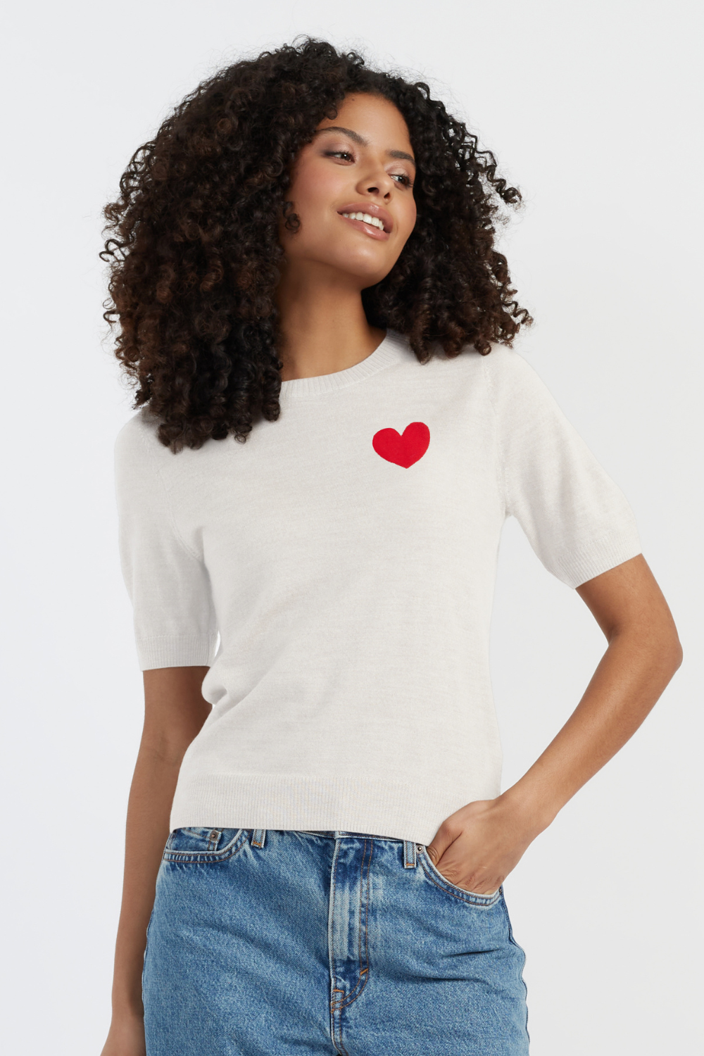 Premium Merino Wool Heart Print Breton T-Shirt for Women - Soft & Comfortable Casual Wear for Everyday Outfits and Layering