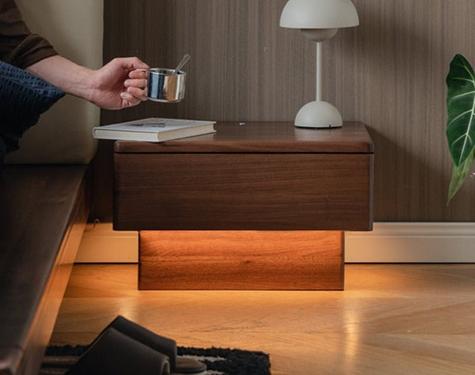 Premium Black Walnut Solid Wood Nightstand with LED Light Drawer - Stylish Bedside Table for Bedroom, Living Room, or Guest Room
