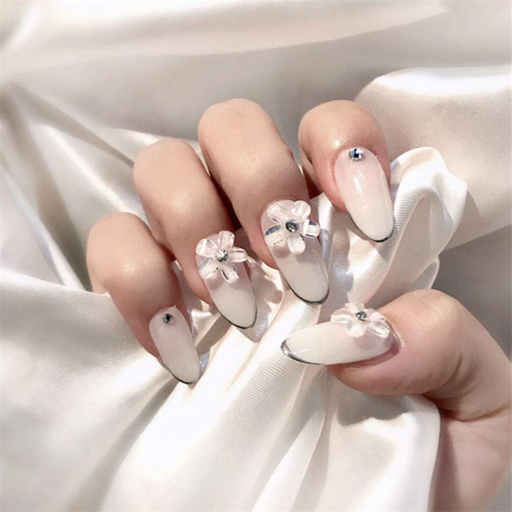 24pcs HUJL False Nails Set - Medium & Long White Press-On Nails with Round Flower Design for Wedding, Bridal, Manicure | Artificial Nail Art Tips for Beauty & Special Occasions
