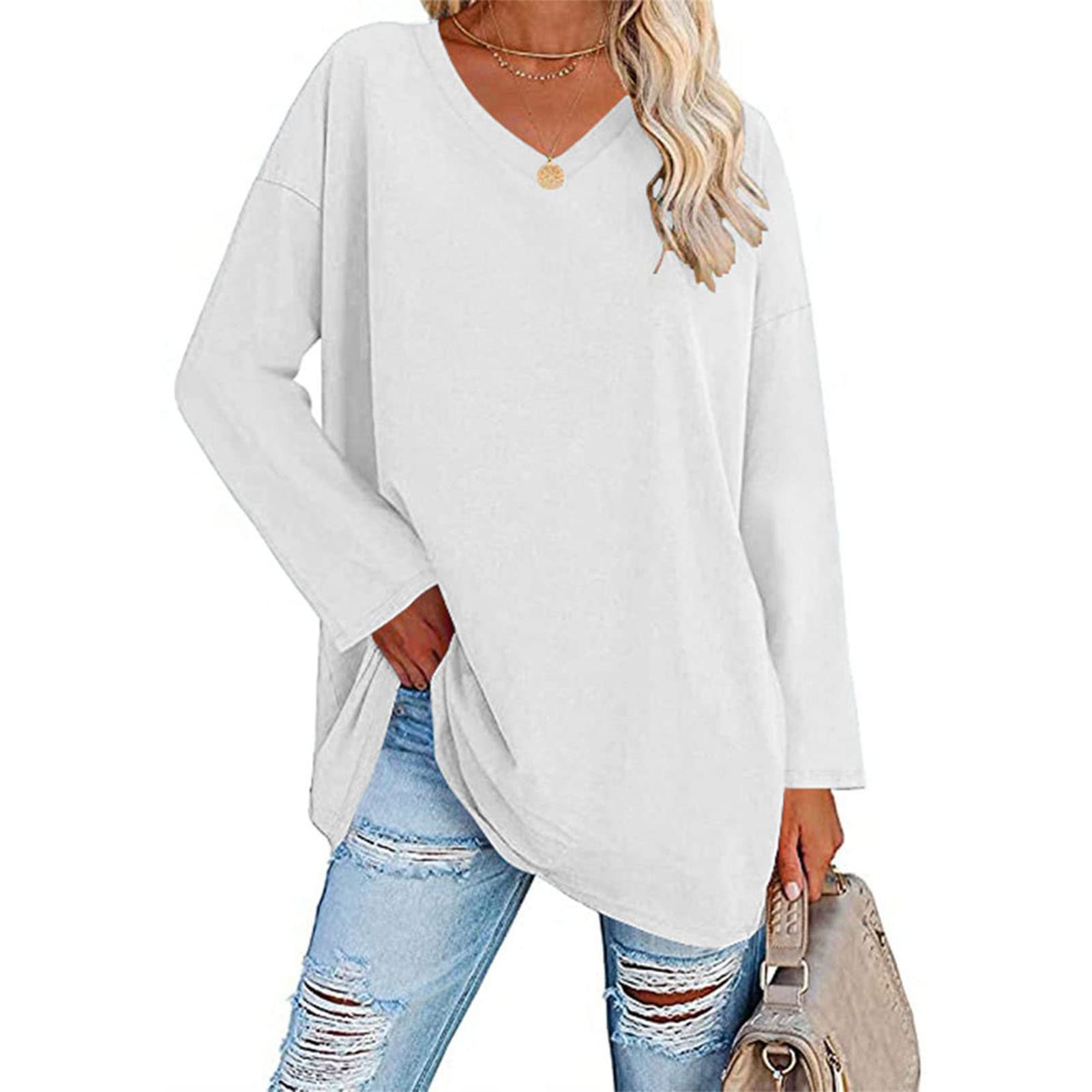 Cocoarm Women's V-Neck Long Sleeve T-Shirt - Loose Fit Oversized Blouse for Casual Wear (White, Size S) | Perfect for Work, Weekend Outfits & Layering