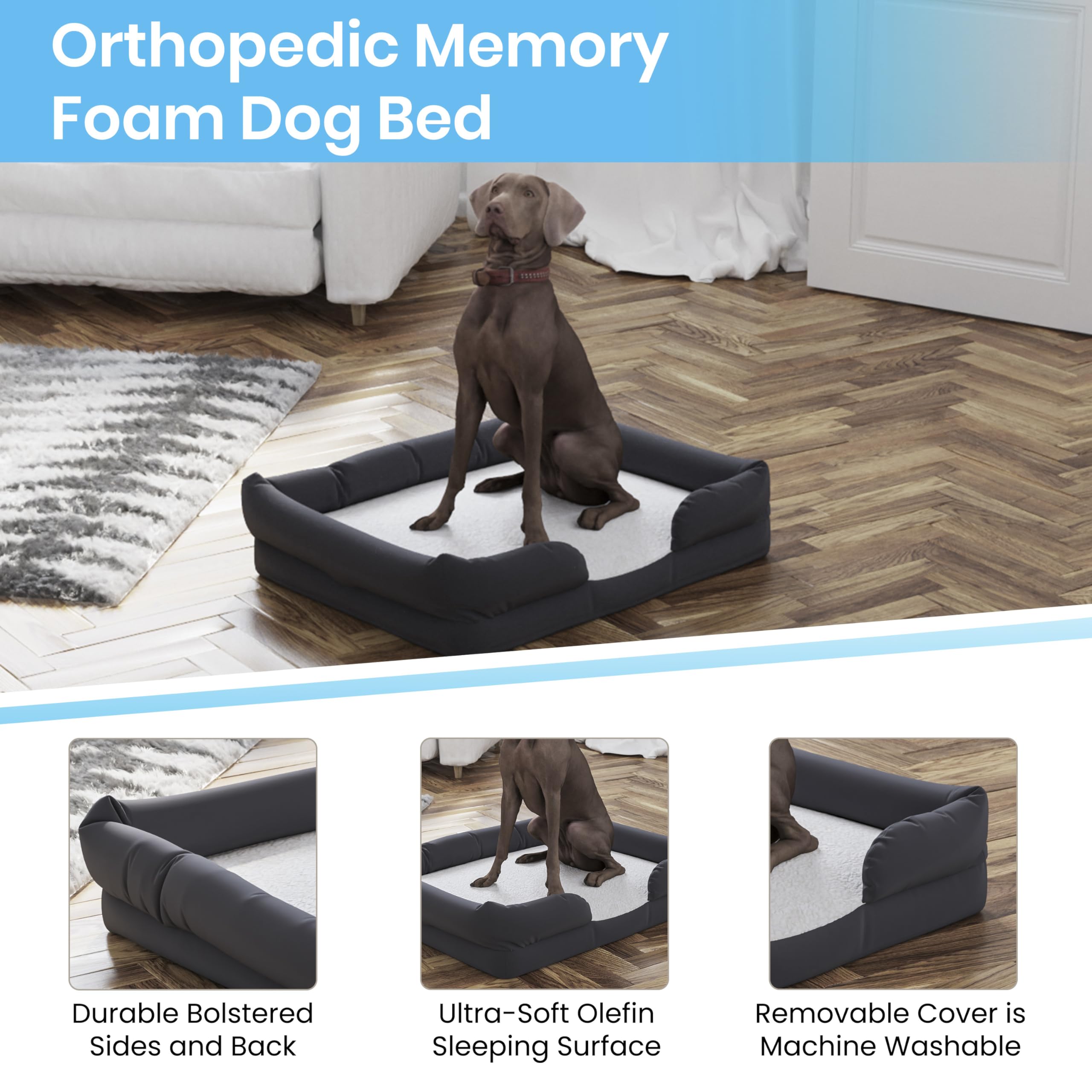 Orthopedic Memory Foam Dog Bed for Medium Breeds - Washable Gray Polyester Cover, Non-Slip Bottom - 36
