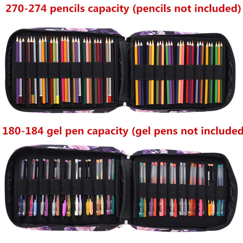 Shulaner Large Capacity Nylon Pencil Case - Holds 270-274 Colored Pencils or 180-184 Gel Pens, Zipper Closure Artist Pencil Organizer (Purple Rose) - Perfect for Art Students, Professional Artists & School Supplies