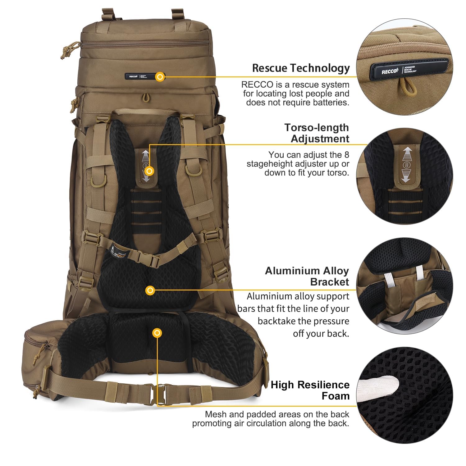 Mardingtop 75L Military Tactical Backpack for Men - Durable Cordura Internal Frame Hiking Backpack with Recco Reflector - Perfect for Camping, Snowboarding & Outdoor Adventures