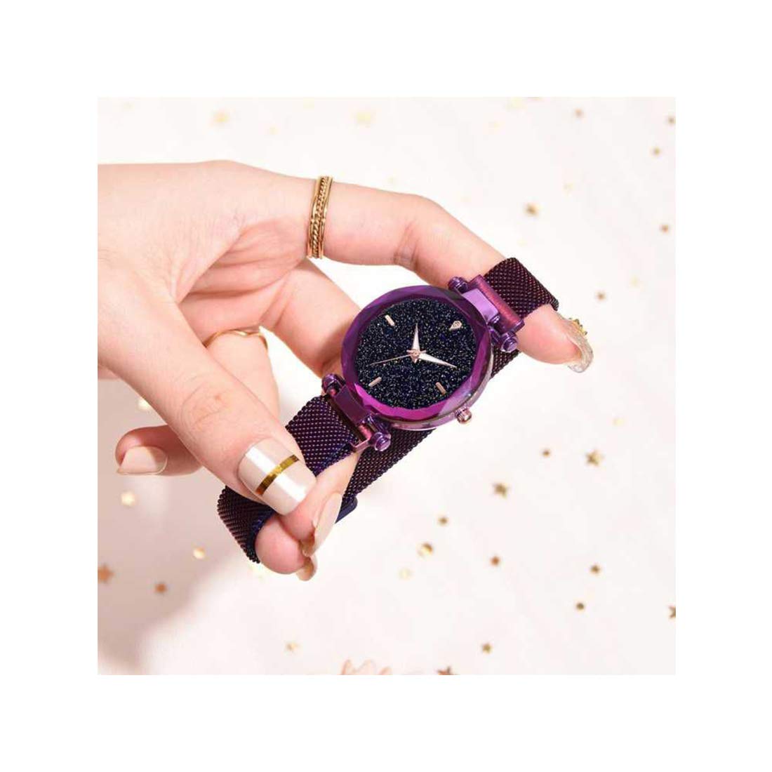 TIMESPACE TS-4025 Luxury Women's Quartz Watch - Black Dial with Purple Magnetic Strap, Slim Minimalist Design for Girls & Teens | Perfect for School, Office, Date Night & Everyday Wear