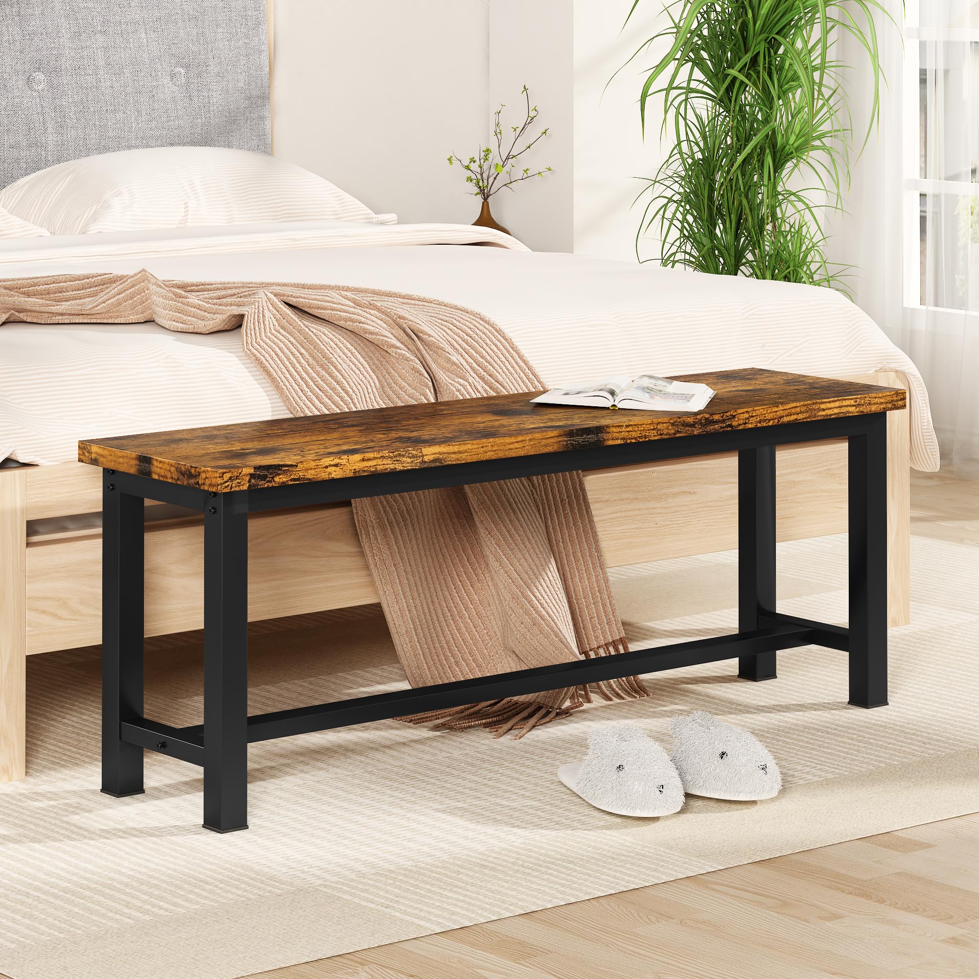DKLGG 39 Inch Rustic Brown Dining Benches Set of 2 - Industrial Metal Leg Kitchen & Entryway Benches for Living Room, Bedroom, Dining Area - Durable & Stable Wooden Seating for Home Decor & Small Space Solutions