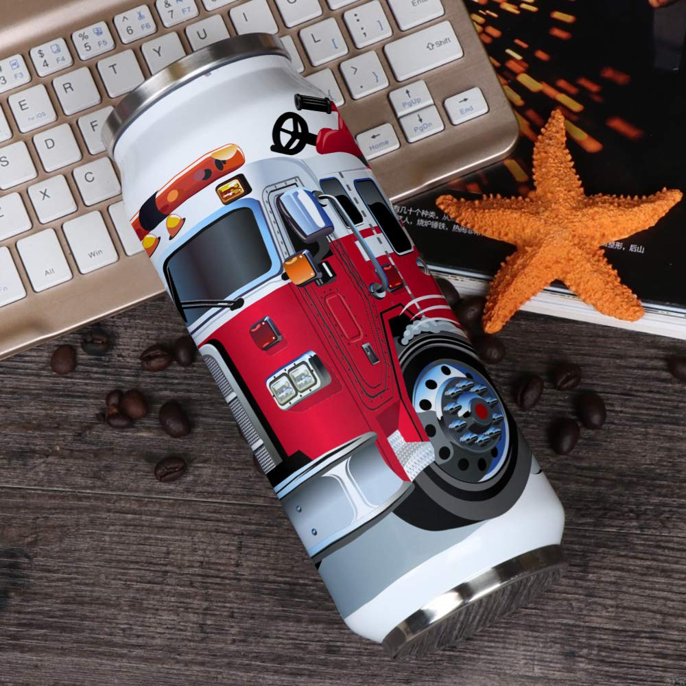 14oz Stainless Steel Tumbler with Lid & Straw - Double Wall Vacuum Insulated Travel Mug for Hot & Cold Drinks - Fire Truck Design Water Bottle for Adults & Kids - Perfect for Office, Gym, Camping & Road Trips