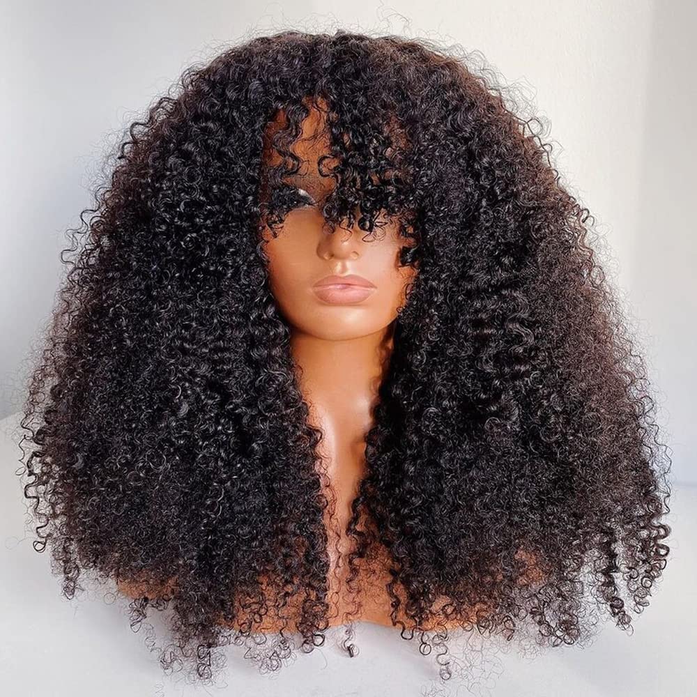 Afro Kinky Curly Human Hair Wigs with Bangs - 200% Density Brazilian Virgin Hair Machine Made Lace Front Wig (24 Inch) - Perfect for Cosplay, Daily Wear & Protective Styling
