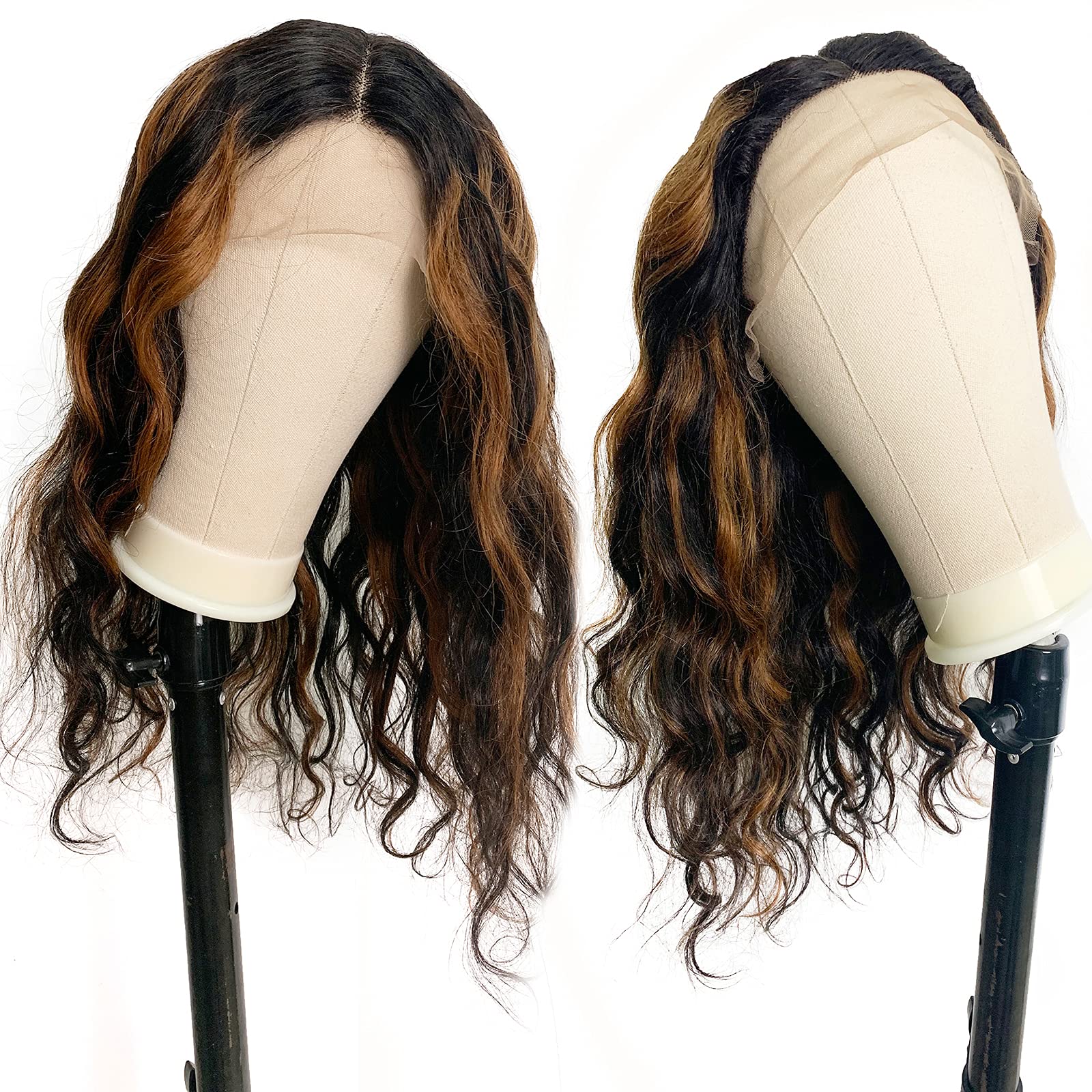 14 Inch T-Part Curly Human Hair Wig - Black & Brown Highlight Lace Front Wig with Baby Hair | Brazilian Virgin Hair, Loose Wave Balayage | Natural Look for Black Women | Perfect for Daily Wear, Parties & Special Events
