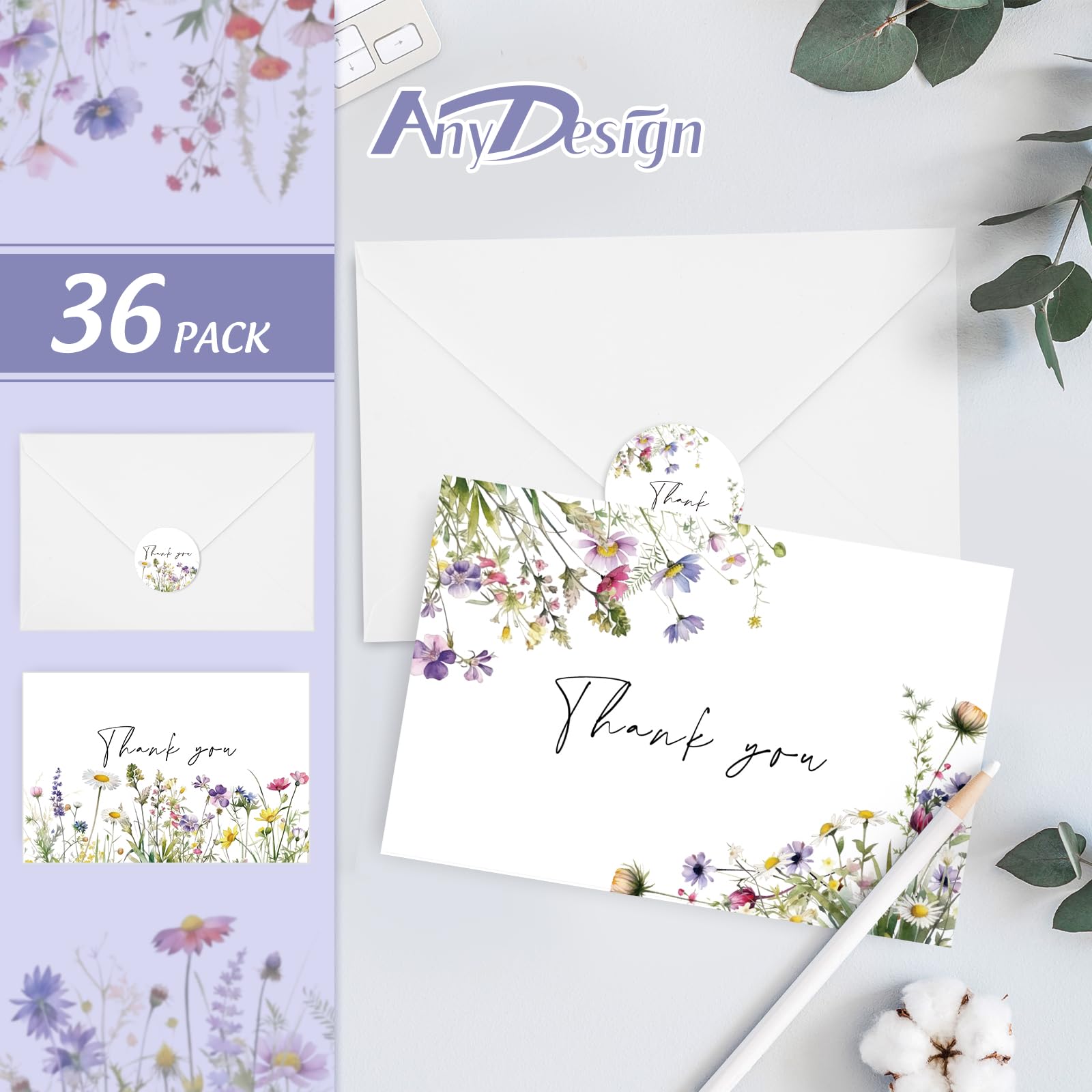36 Pack Floral Thank You Cards Bulk - Wildflower Greeting Cards with Envelopes & Stickers, 4x6 Inch Blank Note Cards for Birthday, Wedding, Baby Shower, Bridal Shower - Perfect for Handwritten Notes, Party Invitations & Gift Giving