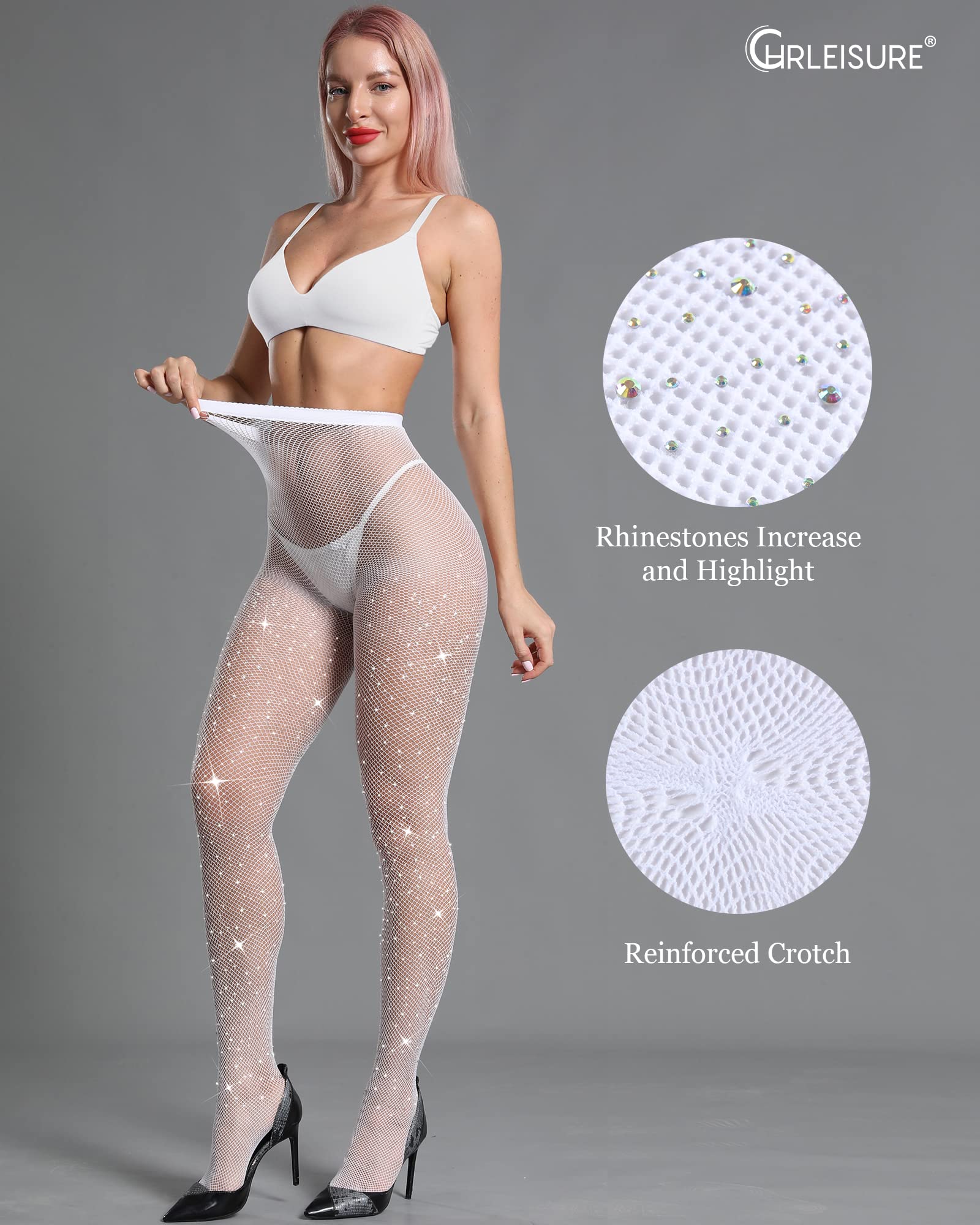 CHRLEISURE Women's Sparkle Rhinestone Fishnet Stockings - Sexy Glitter Party Tights for Concerts, Halloween, Cosplay & Nightclub Outfits