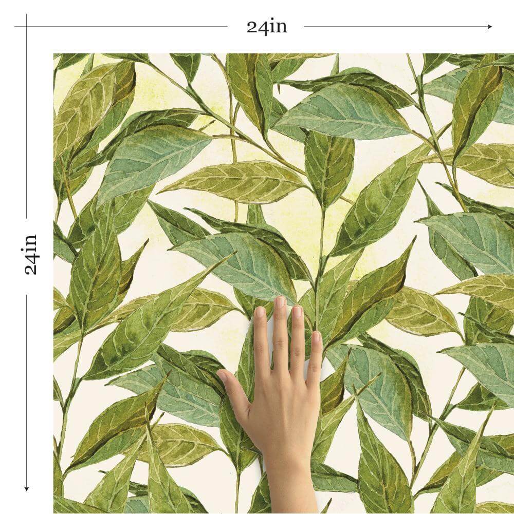 Green and Beige Leaf Floral Peel and Stick Removable Wallpaper - Self-Adhesive Decorative Wall Covering for Bedroom, Living Room, Nursery & Home Decor