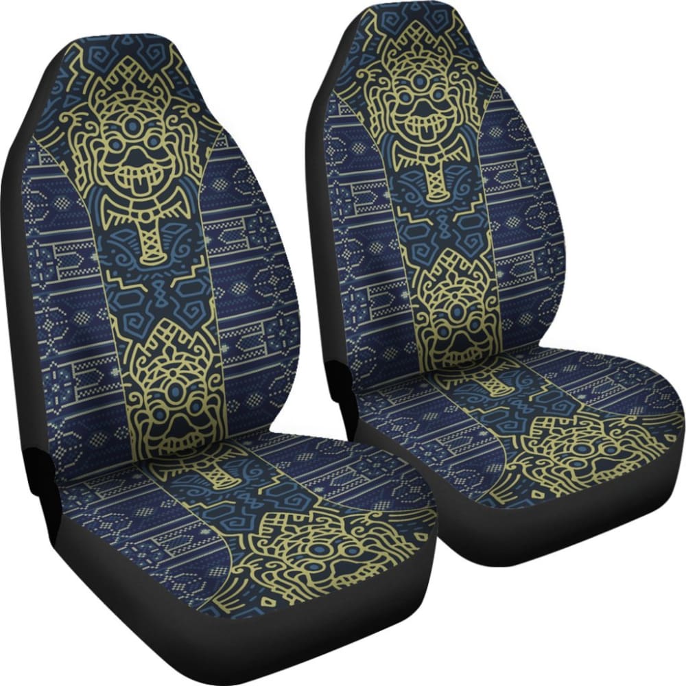 Premium Aztec Elephant Print Car Seat Covers - Navy Blue & Mustard Yellow Design | Waterproof & Universal Fit for Cars, Trucks & SUVs | Perfect for Road Trips, Camping & Daily Commute