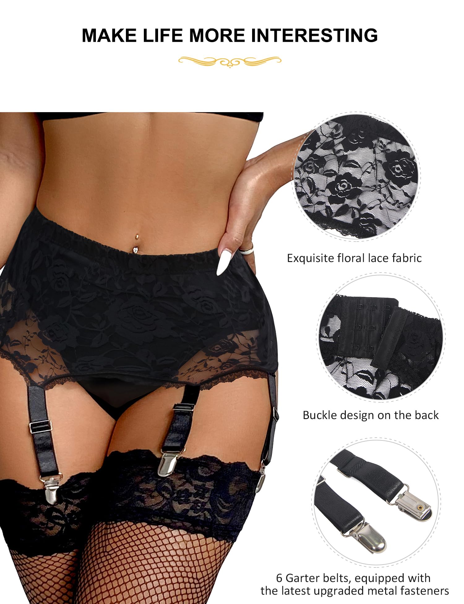 Ohyeahlady Women's Plus Size Lace Mesh Suspender Belt Lingerie Set - 6 Wide Adjustable Straps with Strong Clips for Stockings | Sexy Underwear for Date Night, Boudoir Photography & Bridal Lingerie