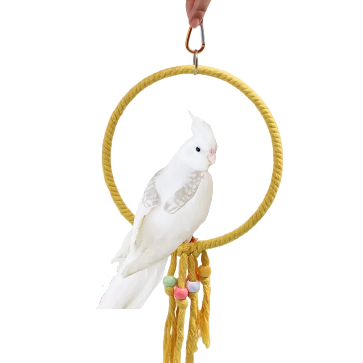 Large Yellow Metal Cotton Rope Swing Perch - Chewable Parrot Cage Toy for Budgies, Cockatiels, Conures & Cockatoos | Bird Ladder Swing with Hanging Hook - Perfect for Playtime & Exercise in Aviaries
