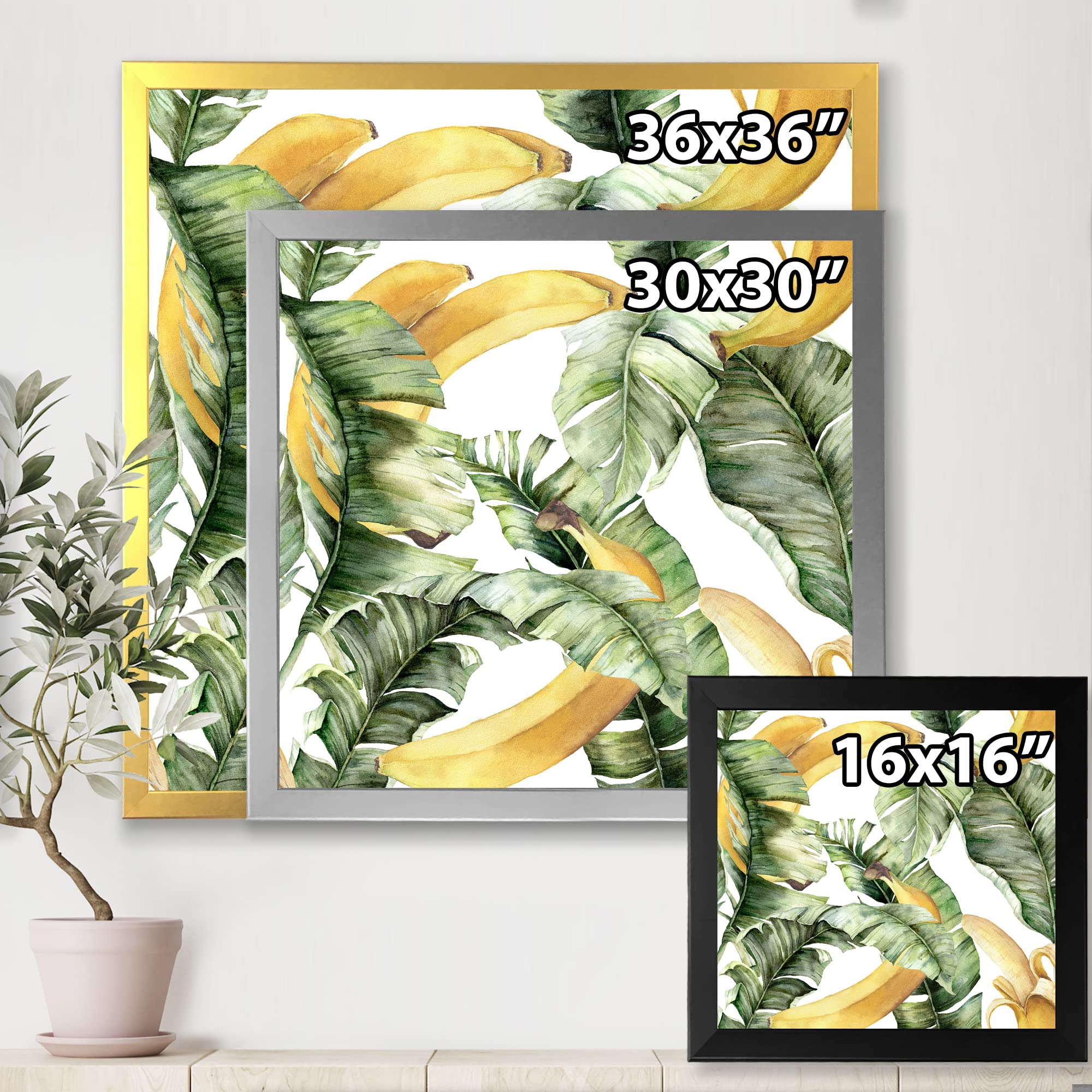 DesignQ Ripe Bananas With Leaves Nautical & Coastal Framed Wall Art - Tropical Beach House Decor for Living Room, Bedroom & Bathroom