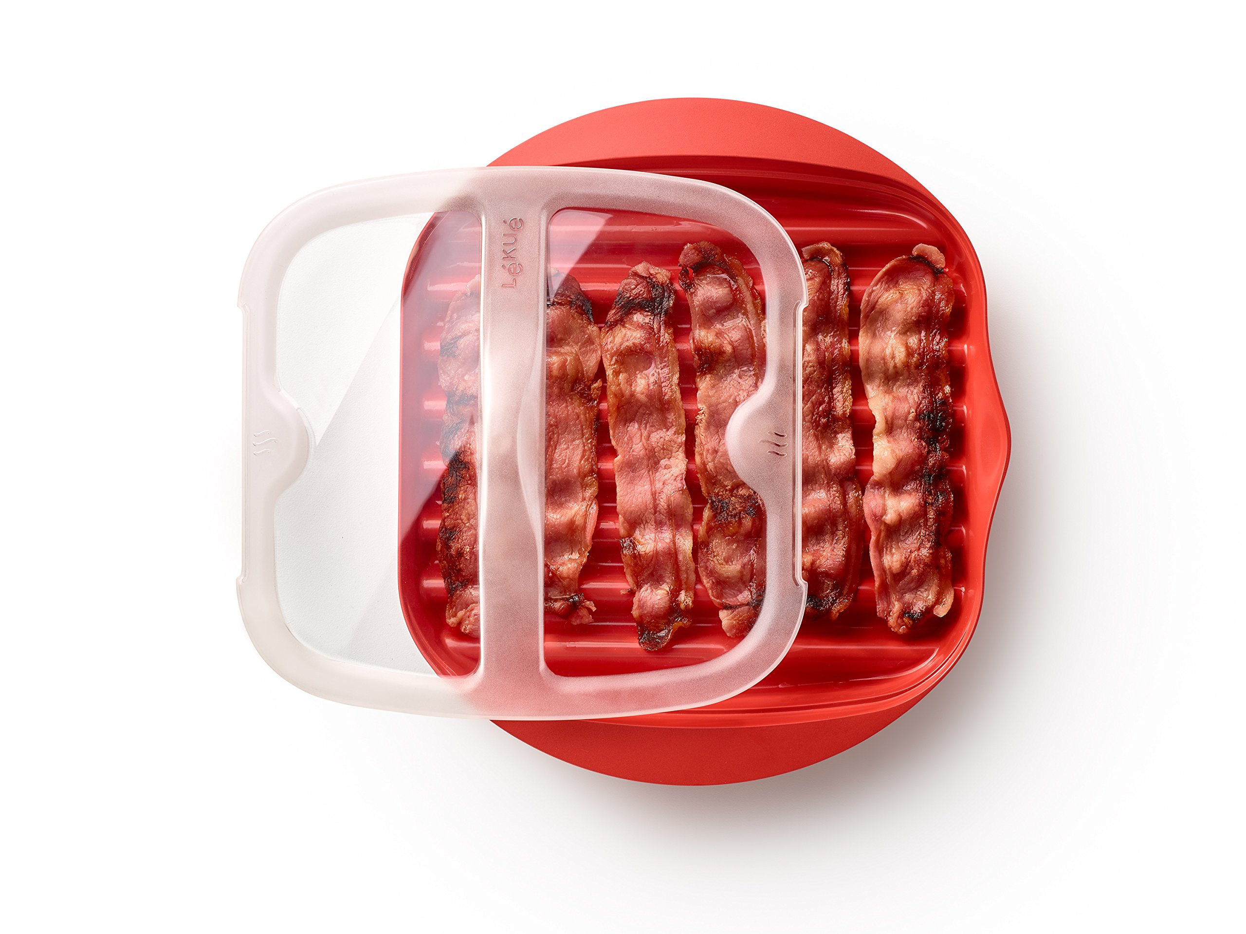 Lekue Microwave Bacon Cooker with Lid – Red, 11.02 x 9.8 x 2.3 Inches – Quick & Easy Bacon Maker for Breakfast, Sandwiches & Salads