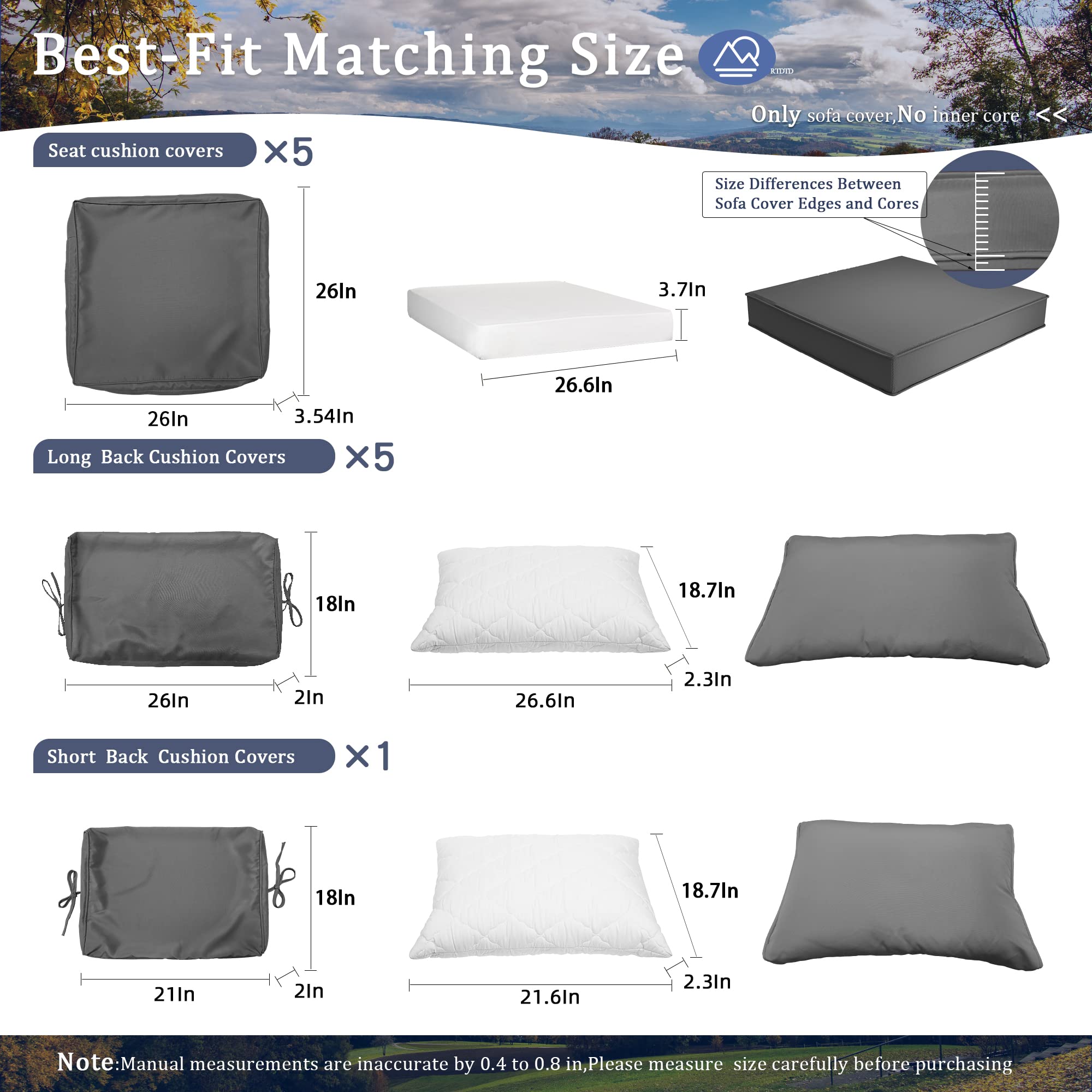 **Outdoor Patio Cushion Cover Replacement Set - 5 Seat Covers & 6 Backrest Pillow Covers, Waterproof & UV-Resistant, Zipper Design for Patio Furniture, Sofa, Couch (Grey) - Perfect for Backyard, Deck, Poolside & Garden**