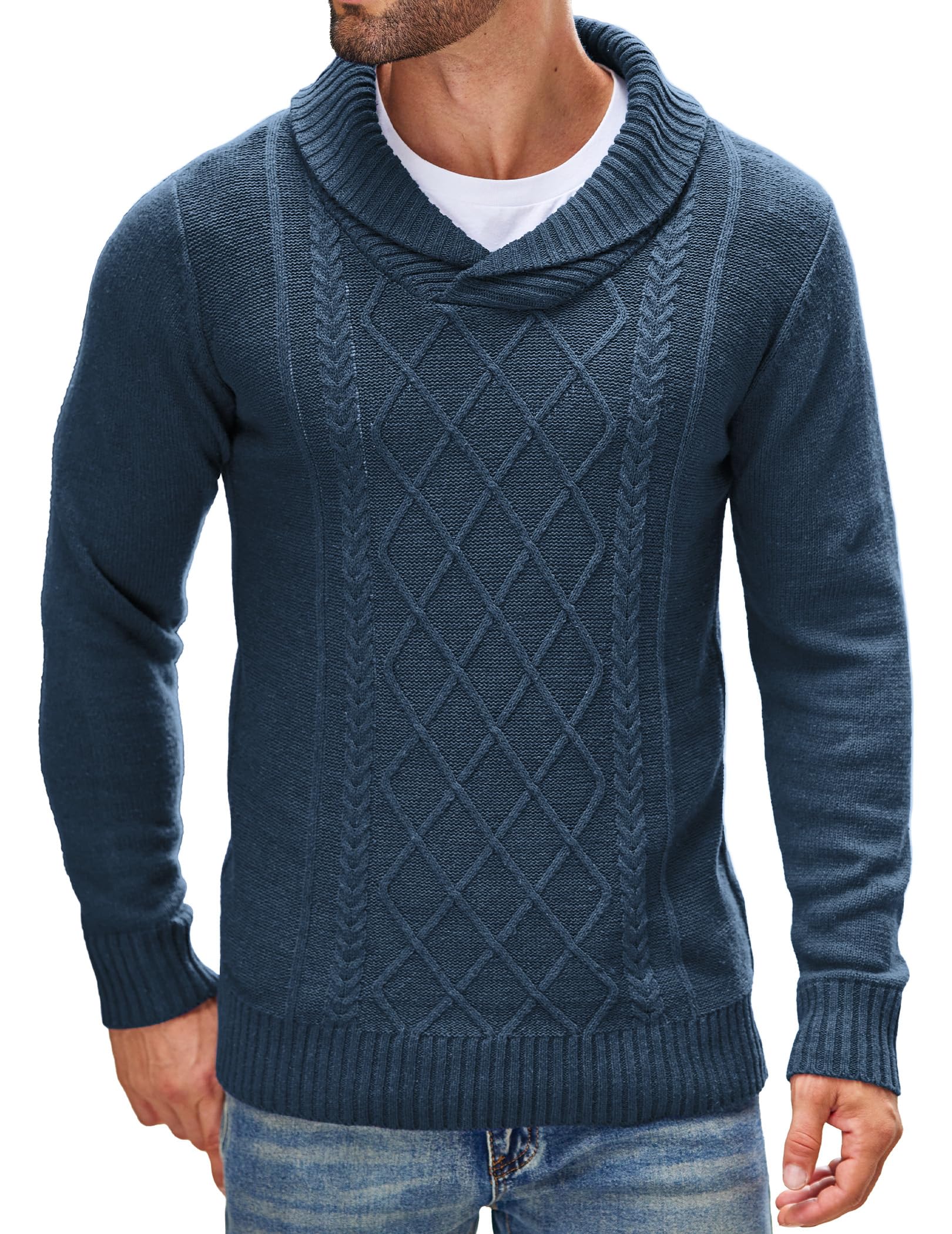 COOFANDY Men's Shawl Collar Sweater - V-Neck Cable Knit Pullover for Relaxed Fit | Casual Winter Wear & Office Outfits