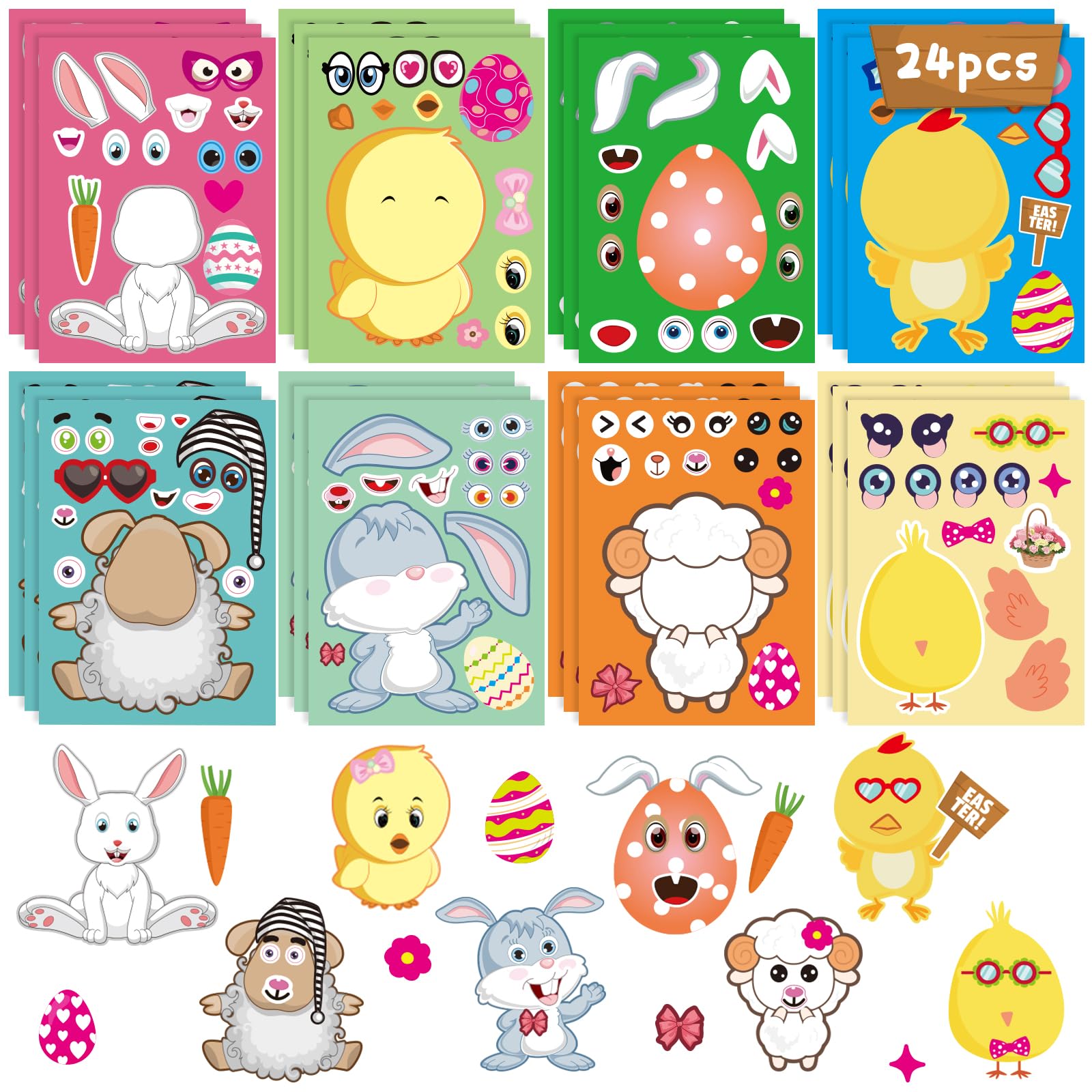 24pcs Easter Stickers for Kids - DIY Make-a-Face Easter Egg Stickers with Farm Animals, Rabbits, Chicks & Sheep - Fun Classroom Activities, Party Favors & Easter Gifts for Children, Family & School Use - Perfect for Easter Egg Hunts, Classroom Rewards & Holiday Crafts