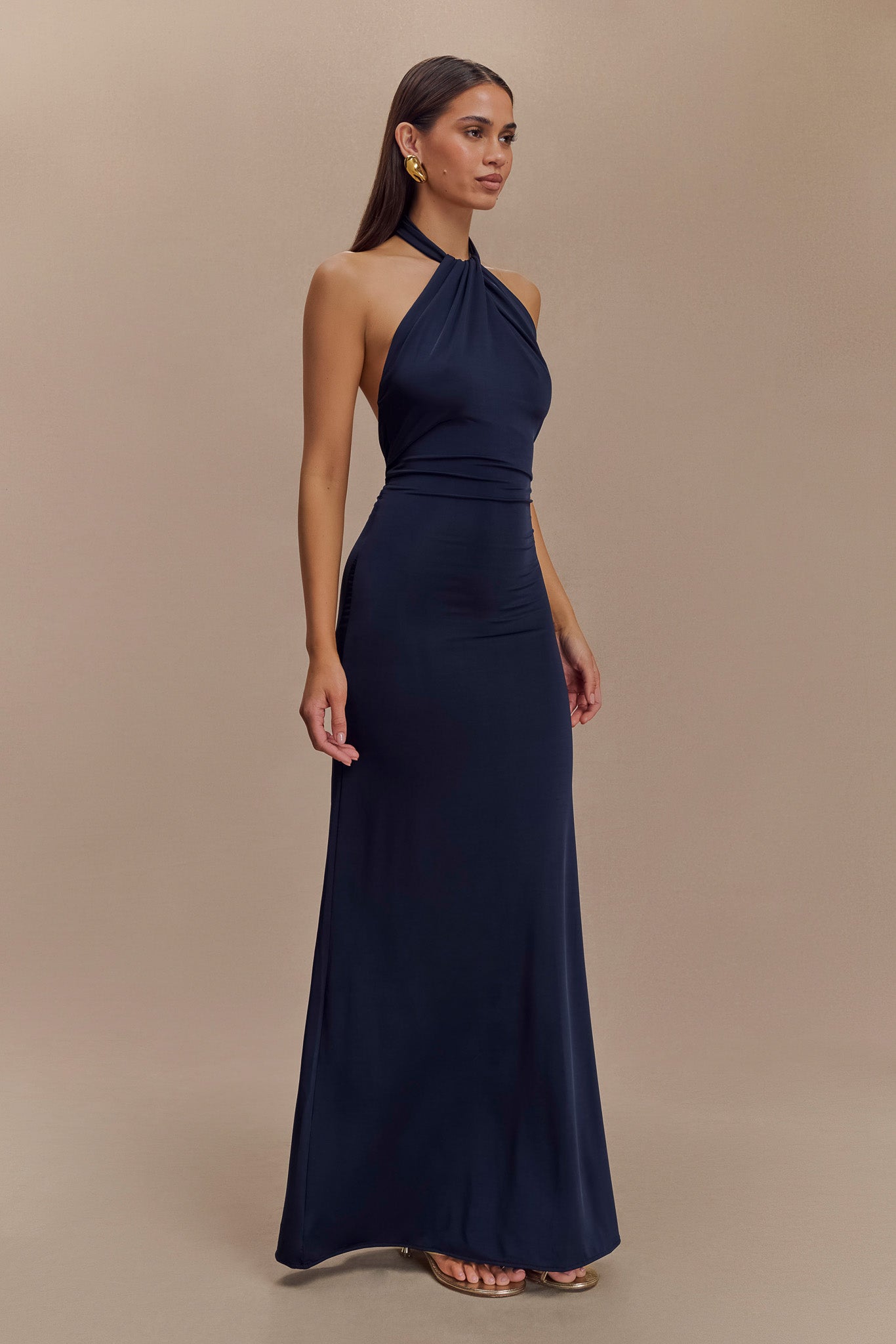 Elyna Slinky Halter Maxi Dress for Women - Navy Blue Flowy Long Dress for Summer Beach Party, Evening Out, Vacation & Special Occasions