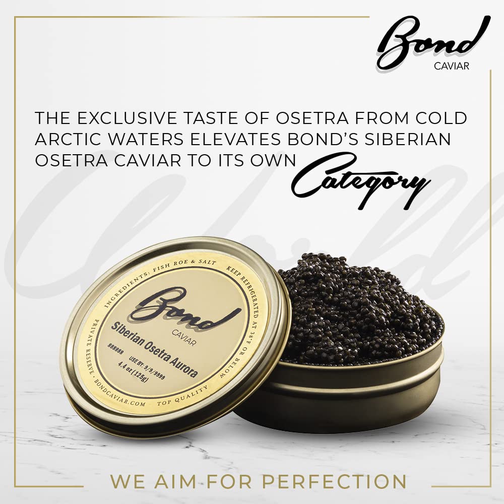 Premium Bond Siberian Osetra Aurora Caviar - World-Renowned Malossol Fish Roe with Sea Salt, Small to Medium Pearls (4.4oz/125g) | Overnight Delivery | Luxury Gourmet Gift for Weddings, Anniversaries & Fine Dining Experiences