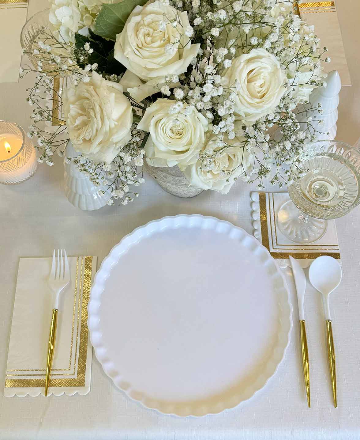 Eco-Friendly White and Gold Table Setting for Weddings, Parties & Formal Dining - Sustainable Dinnerware Set