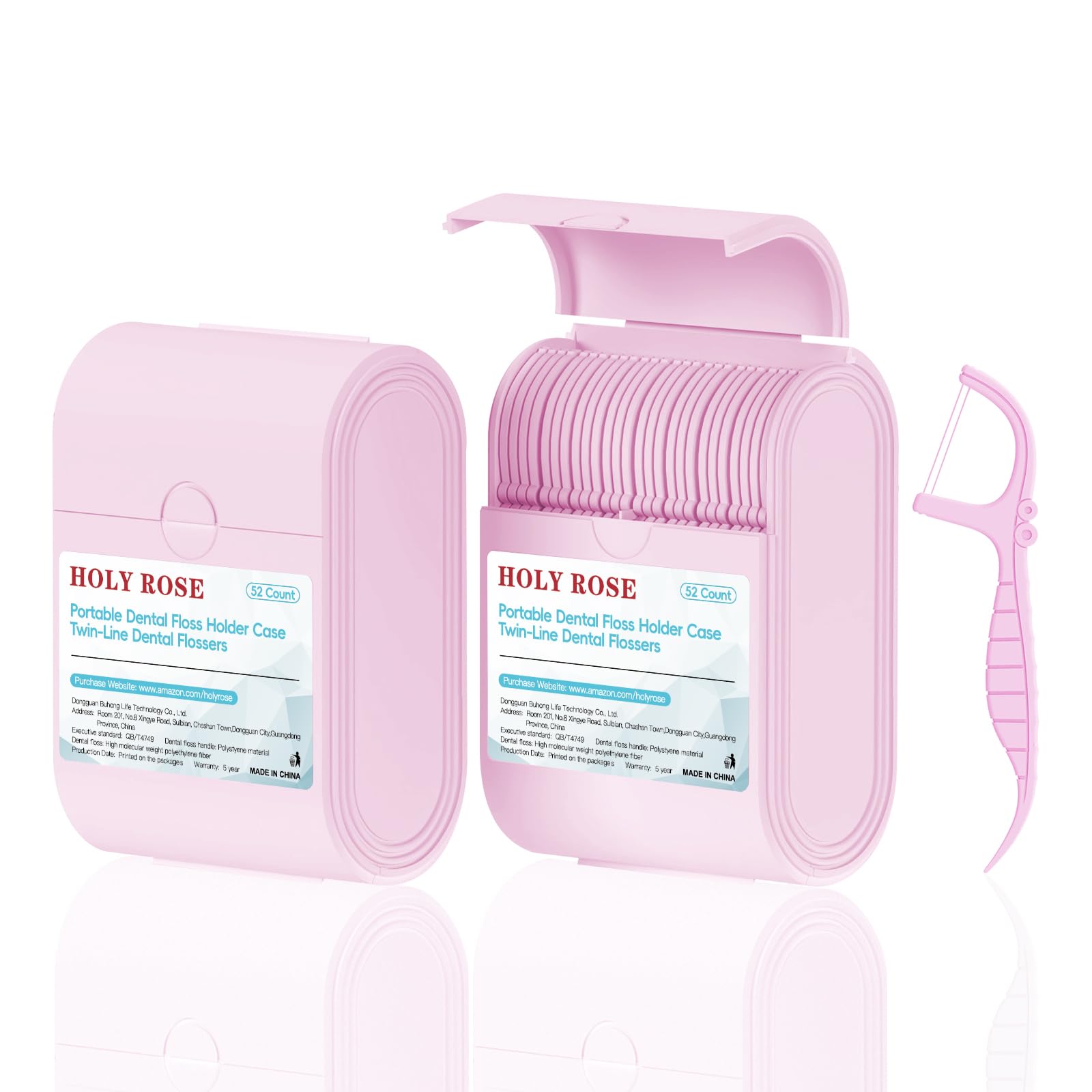 Holy Rose Pink Dental Floss Picks - 104 Count Mint Flavored Twin Line Flossers with 2 Travel Cases | Oral Care Tool for Clean & Fresh Teeth | Perfect for Travel, Home & Office Use