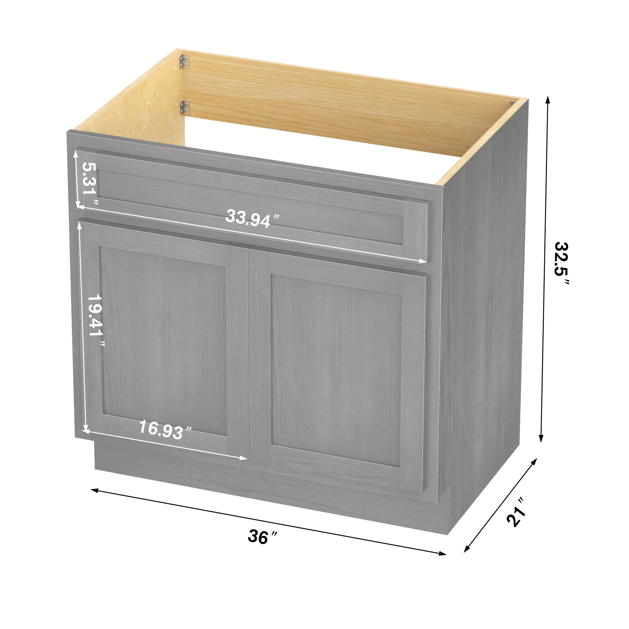 Vanity Art 36 Inch Double Shutter Door Bathroom Vanity Base Cabinet with Soft Closing Shaker Drawer - Sturdy Floor Mount Storage Organizer for Bathroom, Bedroom, Living Room & Kitchen (VA4036-S) - Perfect for Small Space Organization & Home Décor