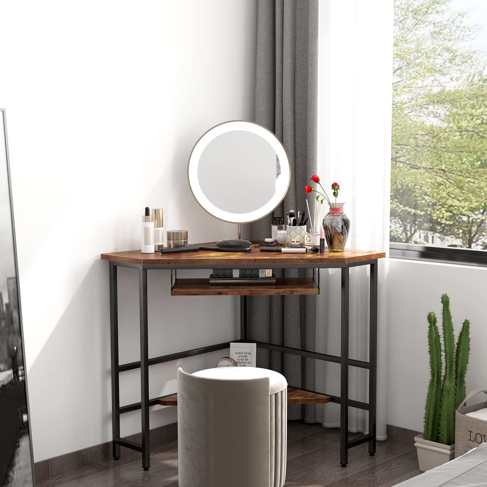 SogesHome Vintage Corner Vanity Desk - Triangle Makeup Table with Storage Shelf & Under Table Tray | Space-Saving Dressing Table for Small Bedroom, Apartment, Dorm | Perfect for Makeup Organization & Compact Living Spaces
