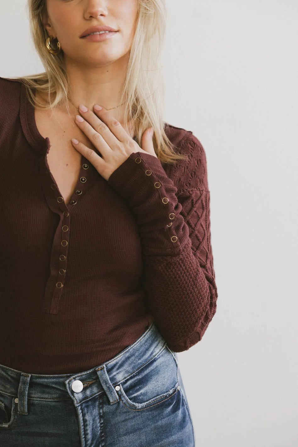 Naomi Cable Knit Sleeve Top - Red Brown Women's Sweater | Cozy Winter Pullover for Casual Outfits & Holiday Gatherings