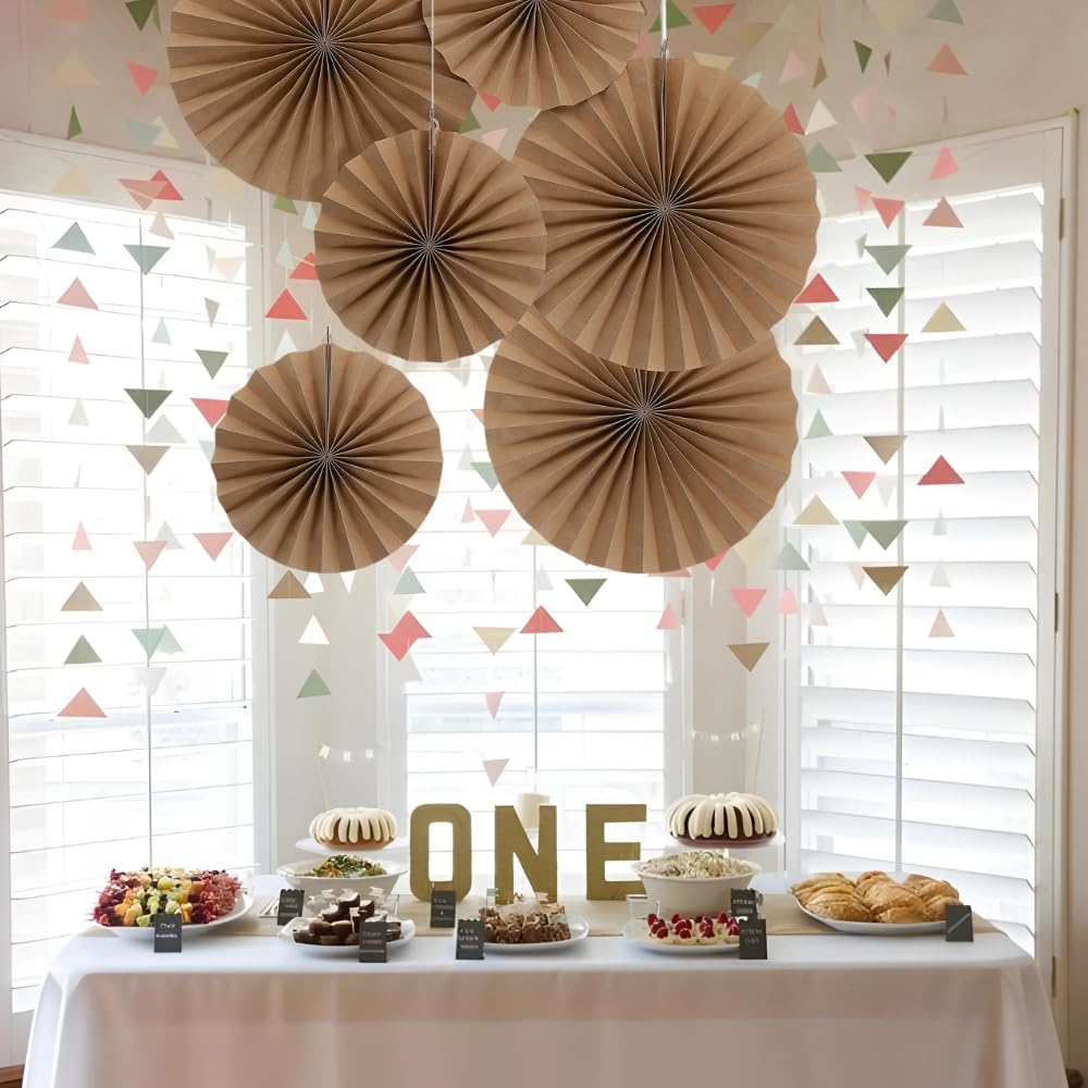 Eco-Friendly Kraft Paper Hanging Fans - 6 Pack Party Decorations for Weddings, Baby Showers & Home Decor