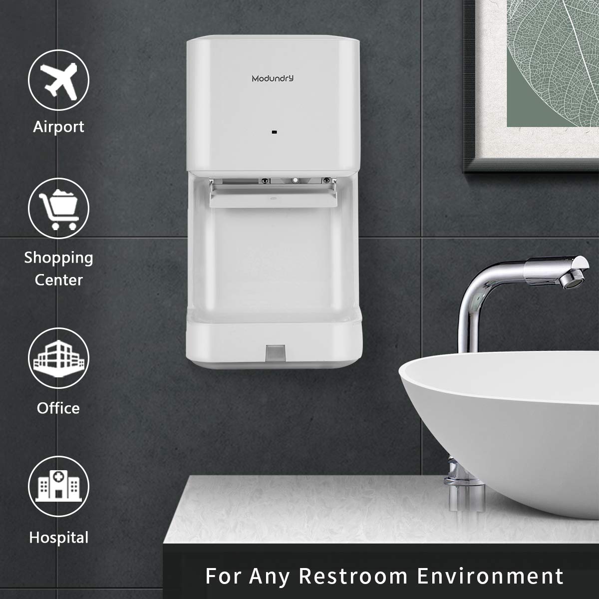 Modundry Automatic Hand Dryer - High Speed Electric Hand Dryer with Drain Tray for Bathroom & Commercial Use - Fast Drying, Energy Efficient, Wall Mounted (White) - Ideal for Restaurants, Hotels, Public Restrooms and Home Bathrooms