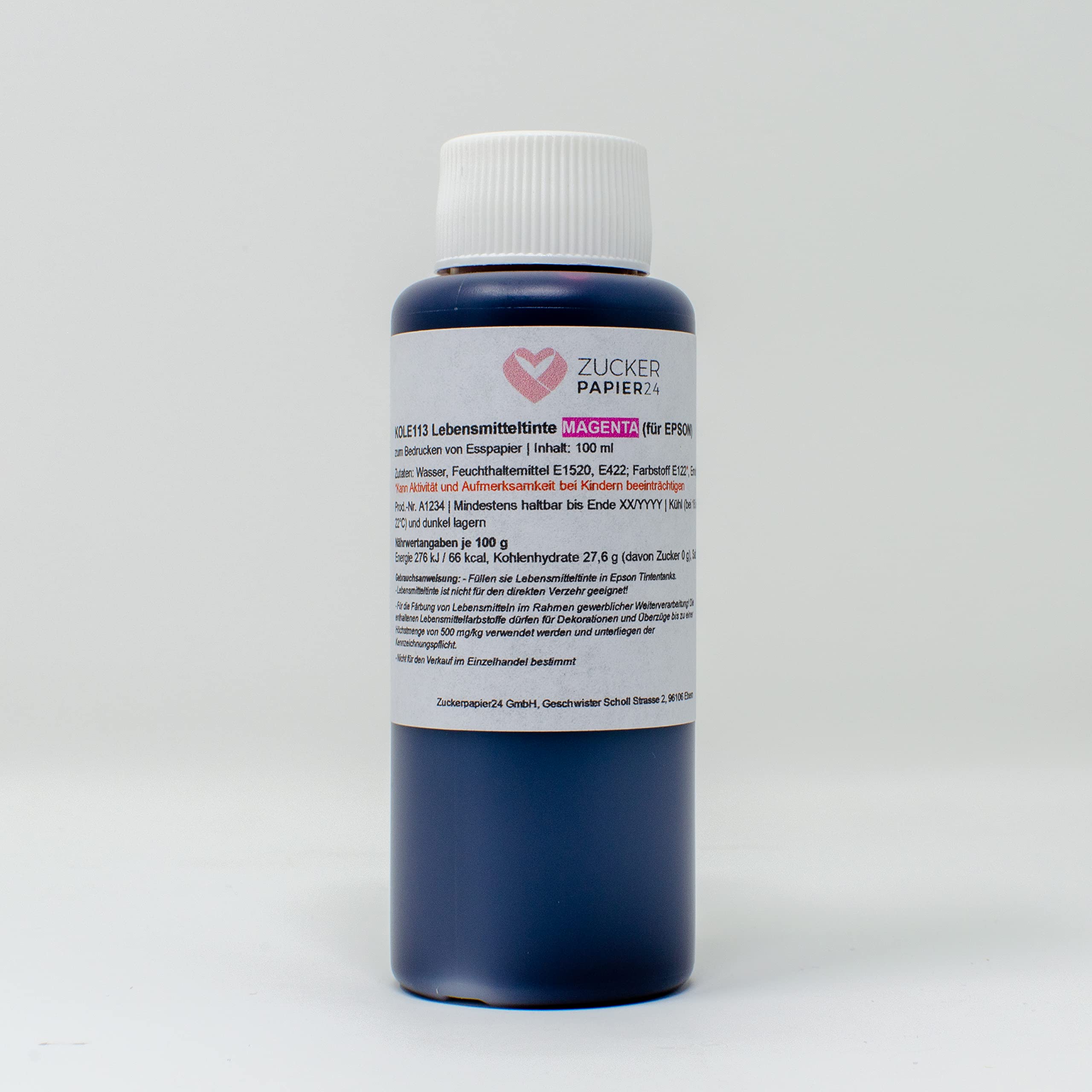 Zuckerpapier24® Food-Grade Ink - 100ml Magenta for Canon Printers - Perfect for Cake Decorating, Edible Printing & Custom Food Labels [KOL113]