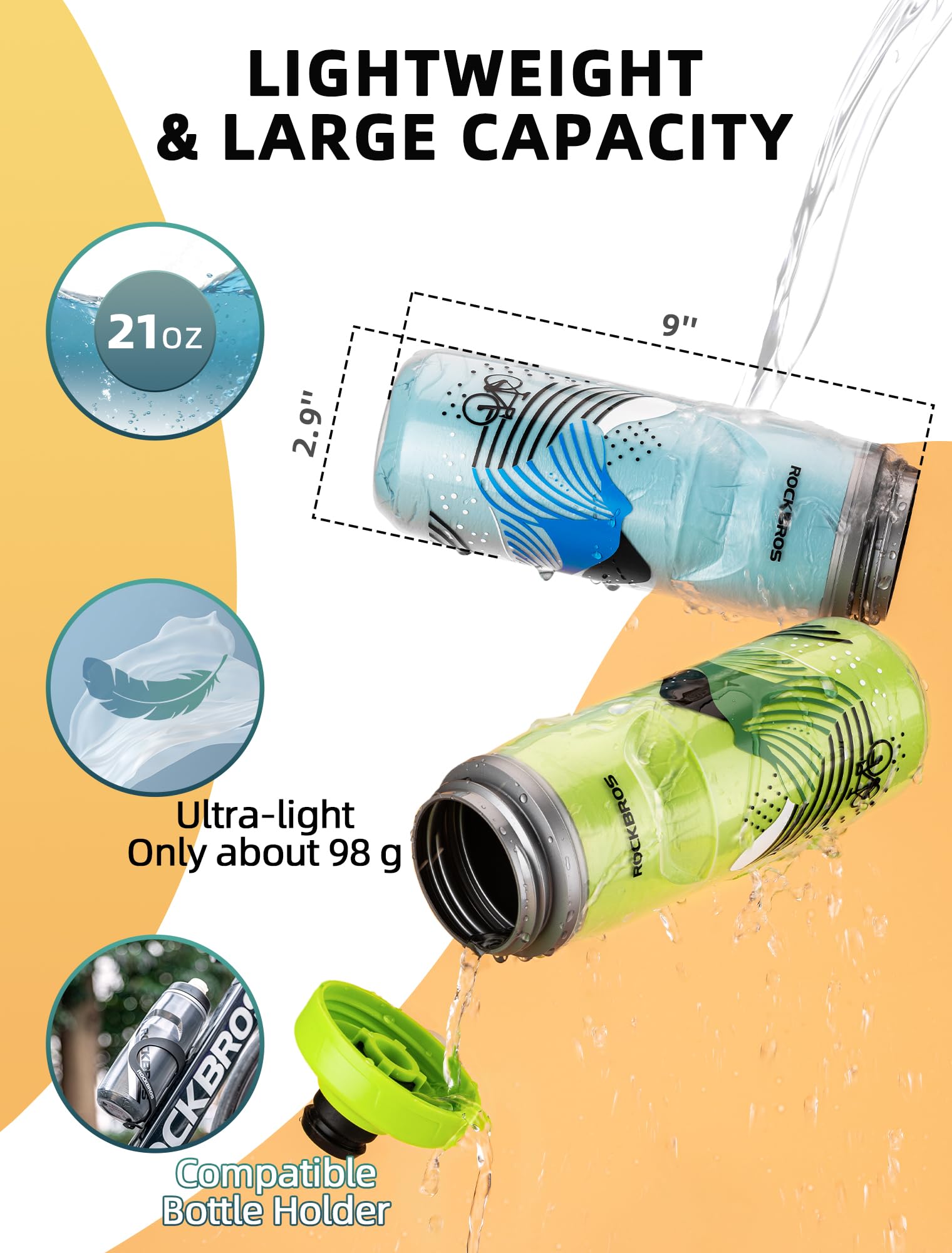ROCKBROS 21oz Insulated Bike Water Bottle - Leakproof Squeeze Design for Cycling, Running & Sports - Keeps Drinks Cold for 5 Hours - Perfect for Road Bikes, Mountain Biking & Gym Workouts