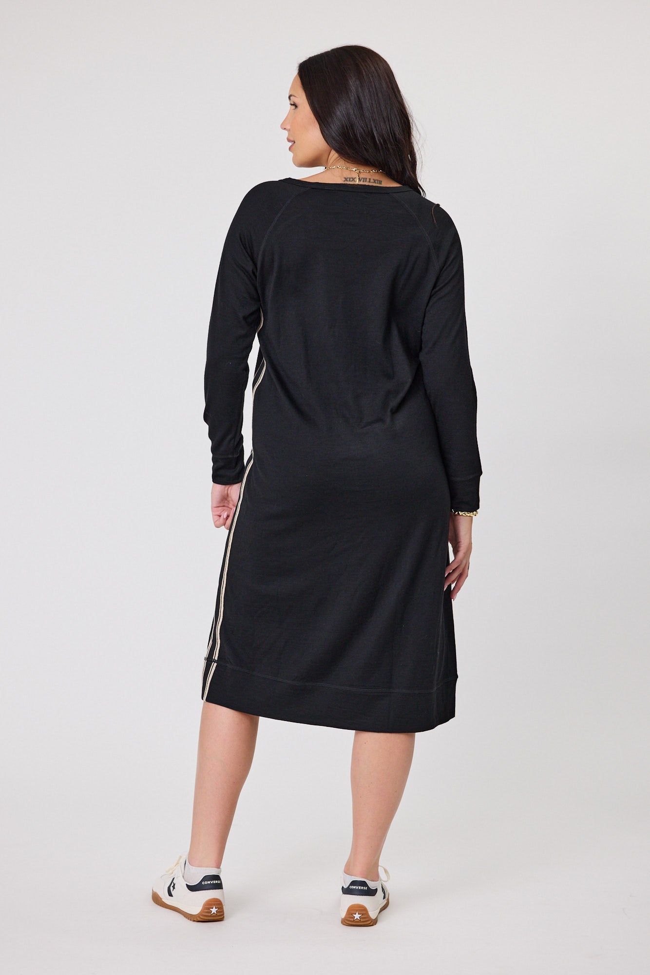 Alpine by Shine On Women's Neve Stripe Detail Merino Wool Dress in Black - Perfect for Winter Office Wear & Holiday Parties